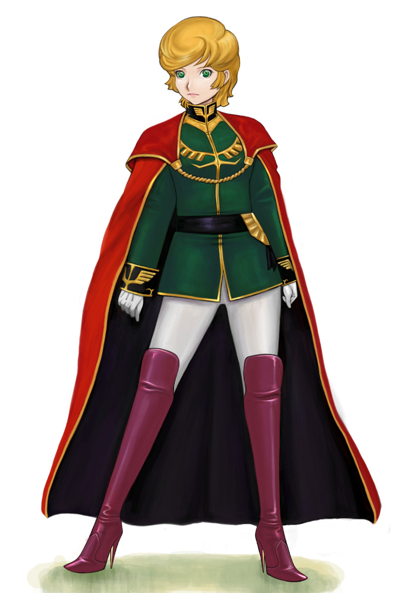 1girl audrey_burne blonde_hair boots cape closed_mouth female_focus green_eyes gundam gundam_unicorn high_heel_boots high_heels highres knee_boots komii looking_at_viewer military military_uniform pantyhose short_hair simple_background solo stiletto_boots stiletto_heels white_background