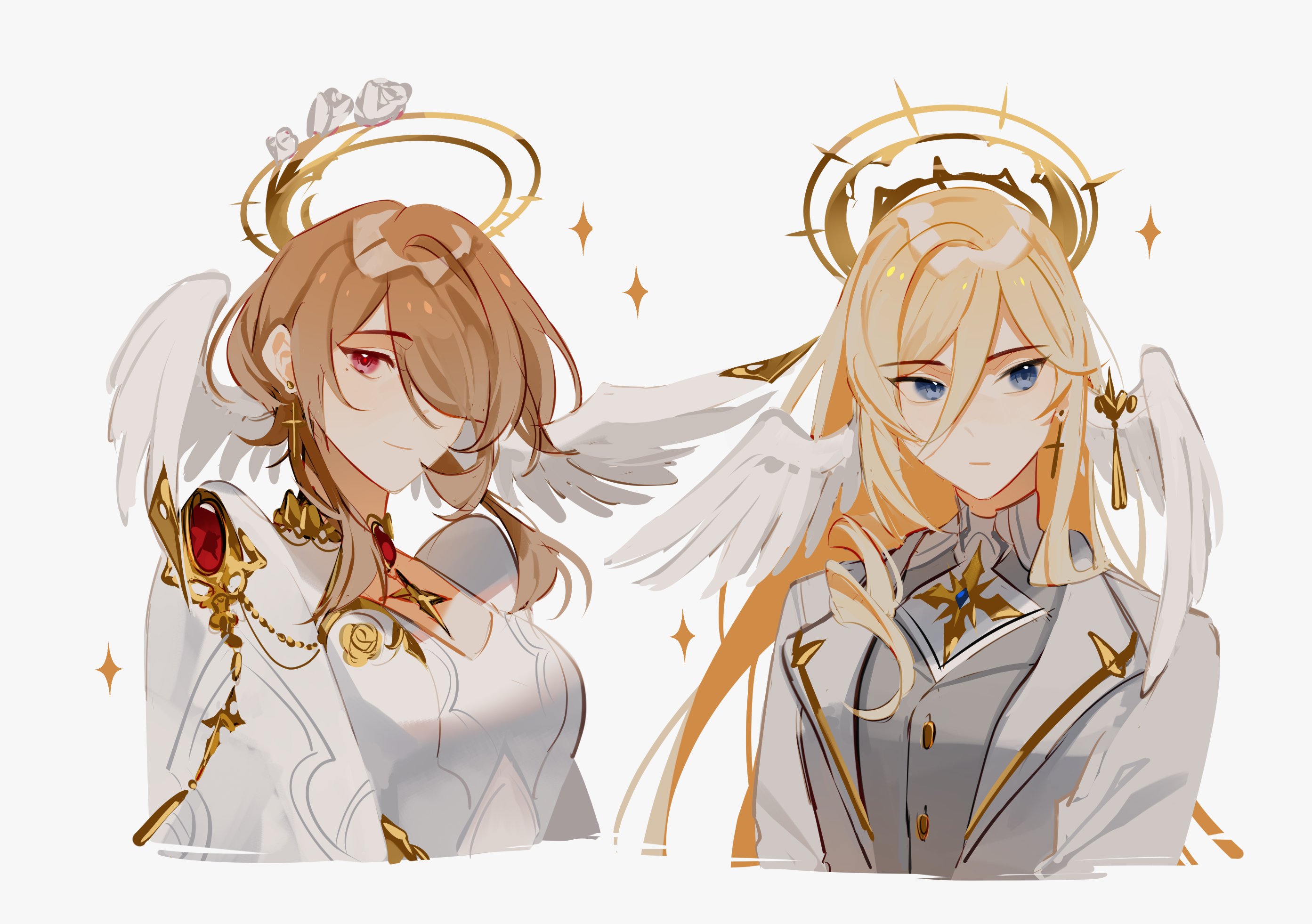 2girls blonde_hair blue_eyes breasts brown_hair closed_mouth coat dress durandal_(honkai_impact) earrings feathered_wings flower formal_clothes gem hair_between_eyes hair_ornament hair_over_one_eye halo head_wings highres honkai_(series) honkai_impact_3rd jewelry large_breasts long_hair looking_at_viewer looking_to_the_side medium_breasts mole mole_under_eye multiple_girls purple_eyes rita_rossweisse rose short_hair simple_background sparkle suit upper_body white_background white_coat wife_and_wife wings ylceon