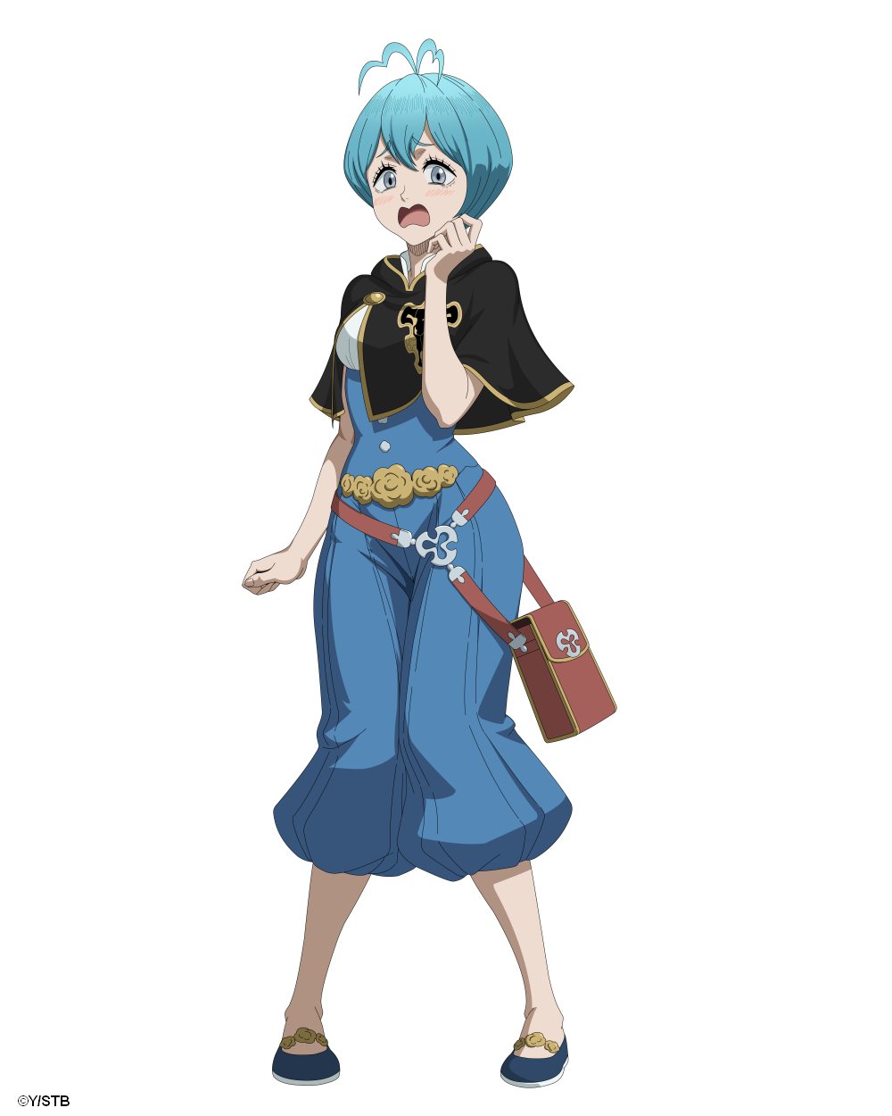 1girl baggy_pants belt black_bulls_(emblem) black_capelet black_clover black_clover_m:_rise_of_the_wizard_king blue_hair blue_pants blue_slippers blush bob_cut brown_bag brown_belt capelet full_body grey_(black_clover) grey_eyes highres looking_at_viewer official_art open_mouth pants shirt short_hair simple_background slippers solo white_background white_shirt