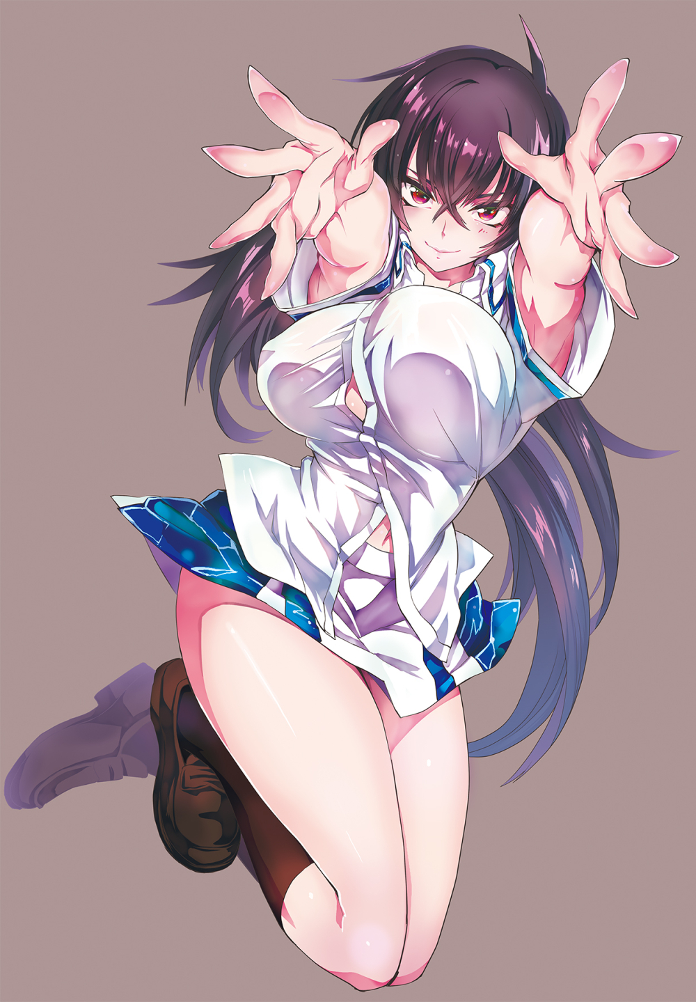 1girl armpit_peek armpits black_hair bouncing_breasts breasts female_focus hair_between_eyes highres kawakami_momoyo large_breasts long_hair looking_at_viewer maji_de_watashi_ni_koi_shinasai! reaching reaching_towards_viewer red_eyes school_uniform simple_background smile solo tamon_ketsuyuki