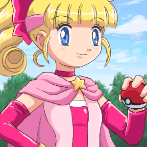 1girl artist_request blonde_hair blue_eyes child female_focus hazel_(pokemon) lowres magical_pokemon_journey nintendo outdoors poke_ball pokemon solo