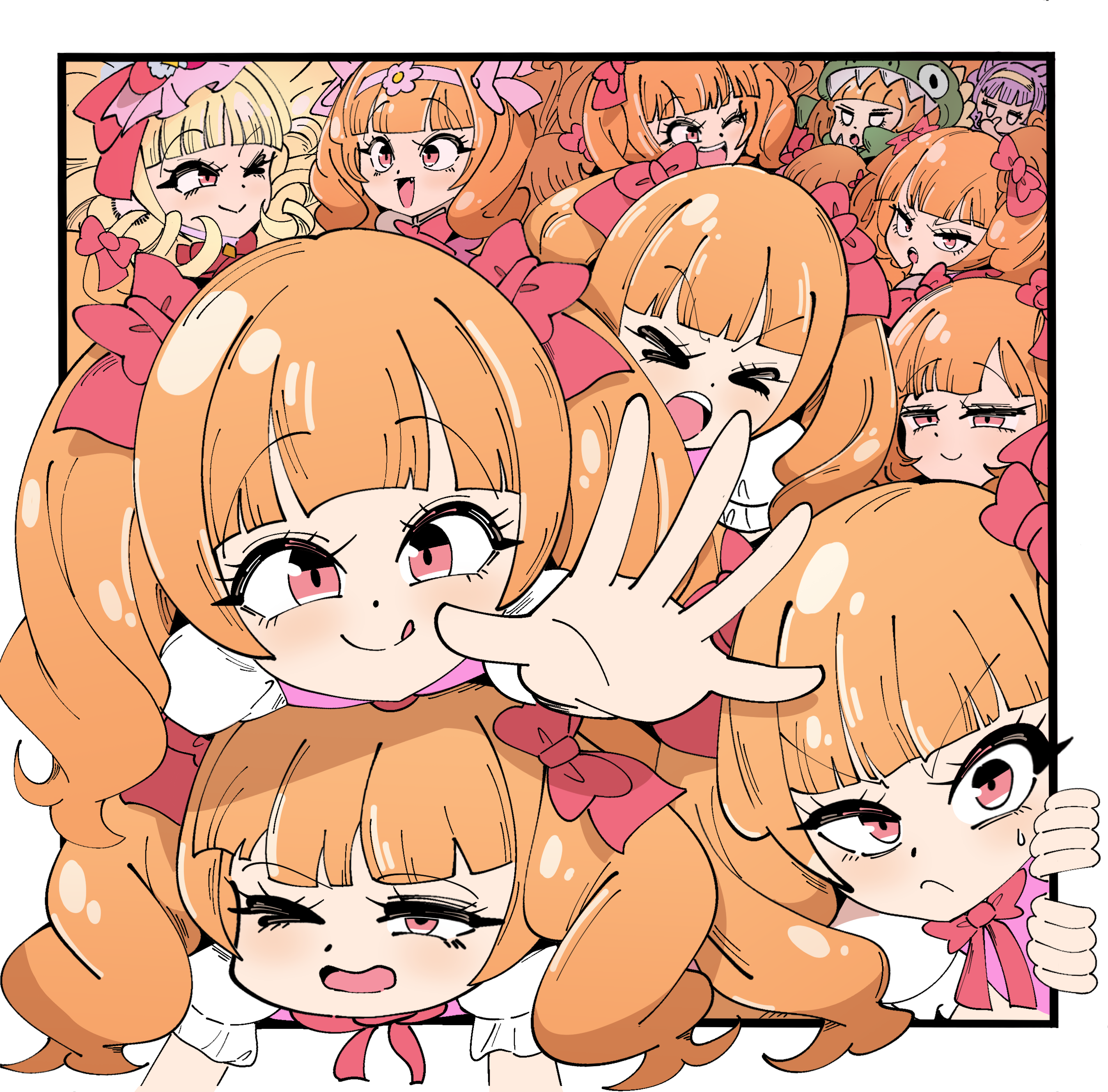 >_< 2girls absurdres aisaki_emiru blonde_hair blush bow bowtie brown_hair closed_eyes closed_mouth cone_hair_bun cure_macherie dinosaur_hood double_bun dress drill_hair earrings flower hair_bow hair_bun hair_flower hair_ornament hairband highres hugtto!_precure jewelry kikukekosasi long_hair magical_girl medium_hair multiple_girls one_eye_closed open_mouth pink_dress pink_hairband pom_pom_(clothes) pom_pom_earrings precure puffy_short_sleeves puffy_sleeves purple_hair red_bow red_bowtie red_eyes ruru_amour short_sleeves smile sweatdrop thumbs_up tongue tongue_out twintails white_hairband white_sleeves