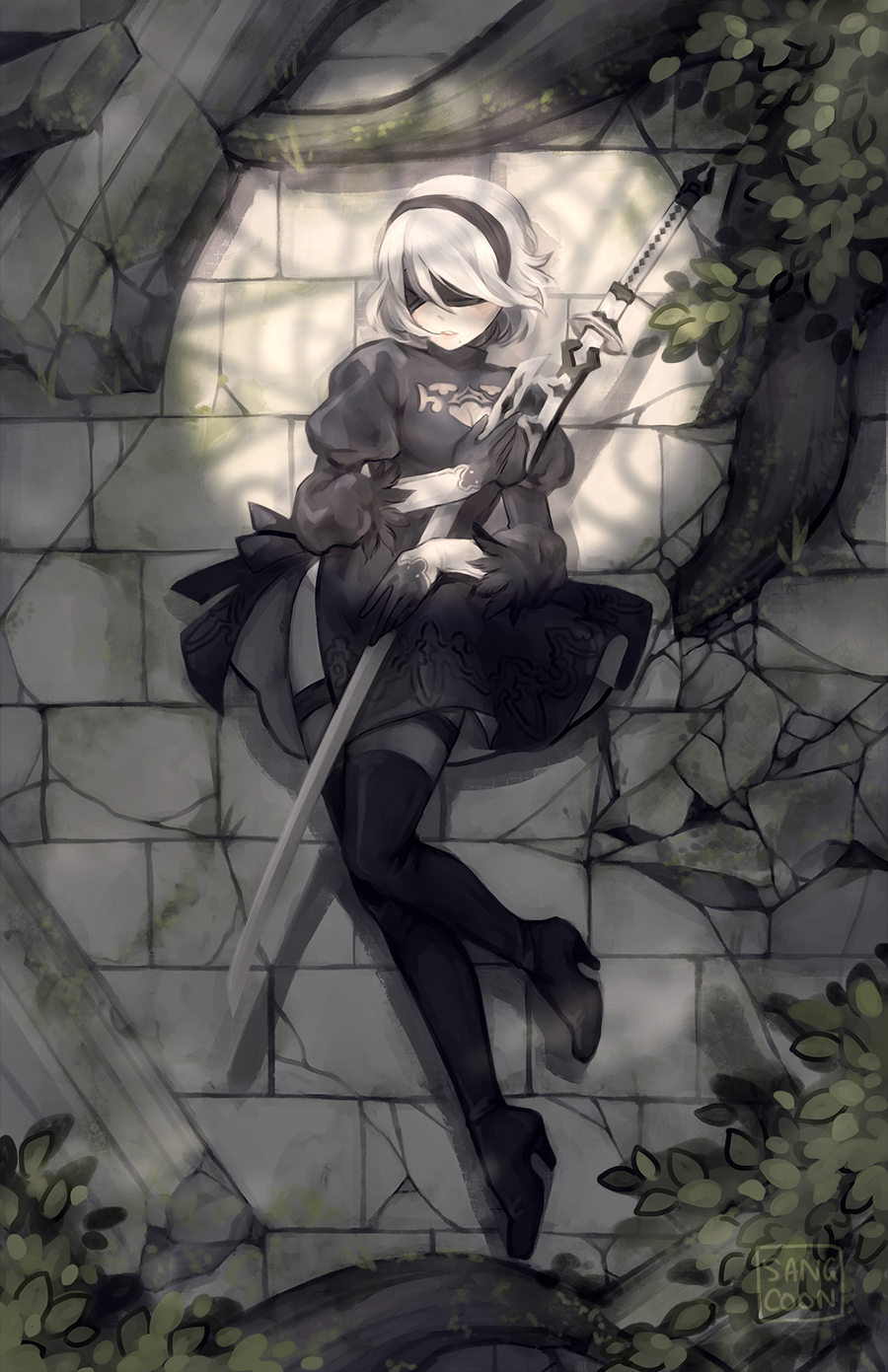 1girl artist_name black_blindfold black_dress black_hairband blindfold boots breasts cleavage cleavage_cutout clothing_cutout dress full_body hairband high_heel_boots high_heels highres katana medium_breasts mole mole_under_mouth nier_(series) nier:automata puffy_sleeves sangcoon sheath signature solo sword thigh_boots thighhighs thighhighs_under_boots tree weapon white_hair 2b_(nier:automata)