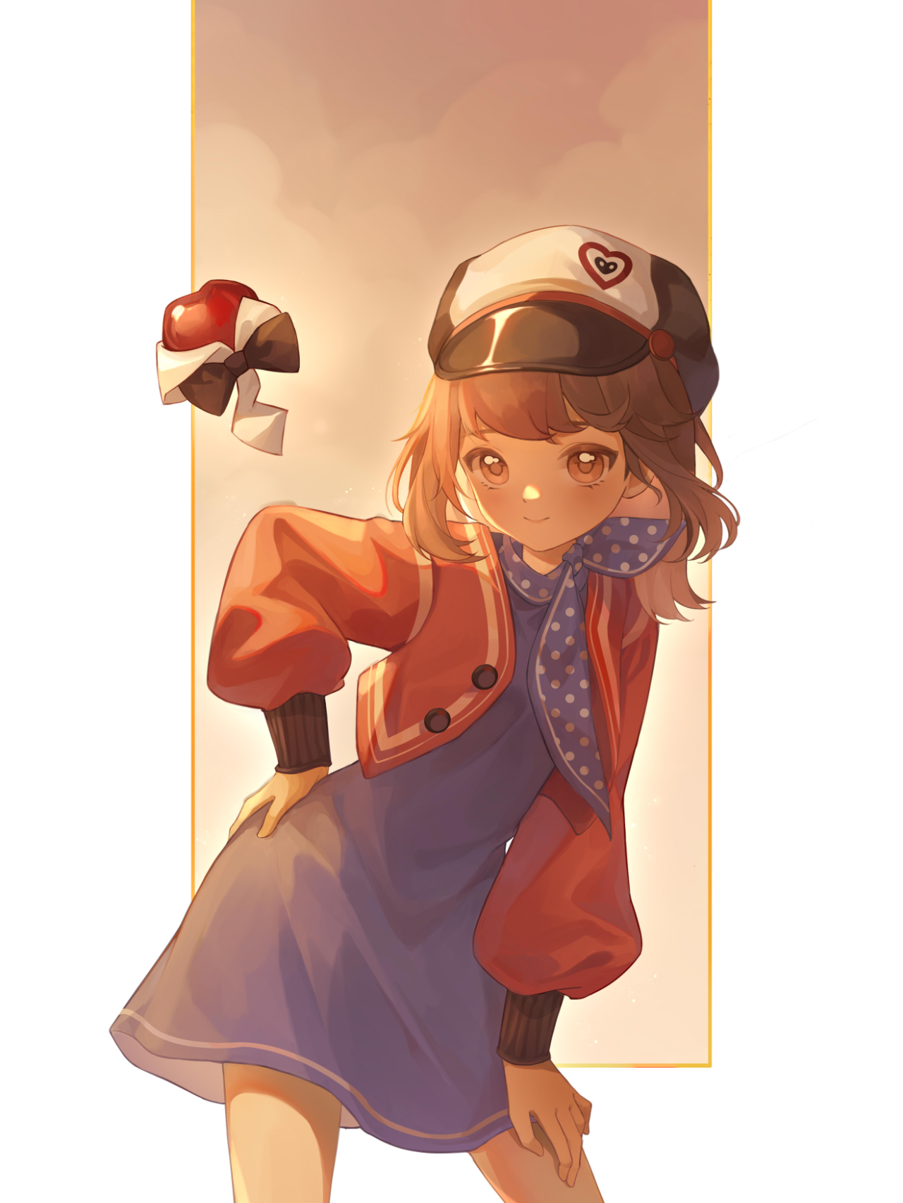 1girl apple apple_(reverse:1999) black_bow black_bowtie black_hat blue_dress blue_scarf border bow bowtie brown_eyes brown_hair chinese_commentary closed_mouth cloud cloudy_sky commentary_request cowboy_shot dress floating floating_object food fruit hand_on_own_hip hand_on_own_thigh happy hat highres jacket jijibang leaning_to_the_side light_blush long_hair long_sleeves looking_at_viewer necktie newsboy_cap open_clothes open_jacket orange_sky outside_border polka_dot polka_dot_scarf puffy_long_sleeves puffy_sleeves red_jacket regulus_(reverse:1999) reverse:1999 scarf short_dress sky smile standing sunset swept_bangs thighs traditional_bowtie two-tone_headwear white_border white_hat white_necktie