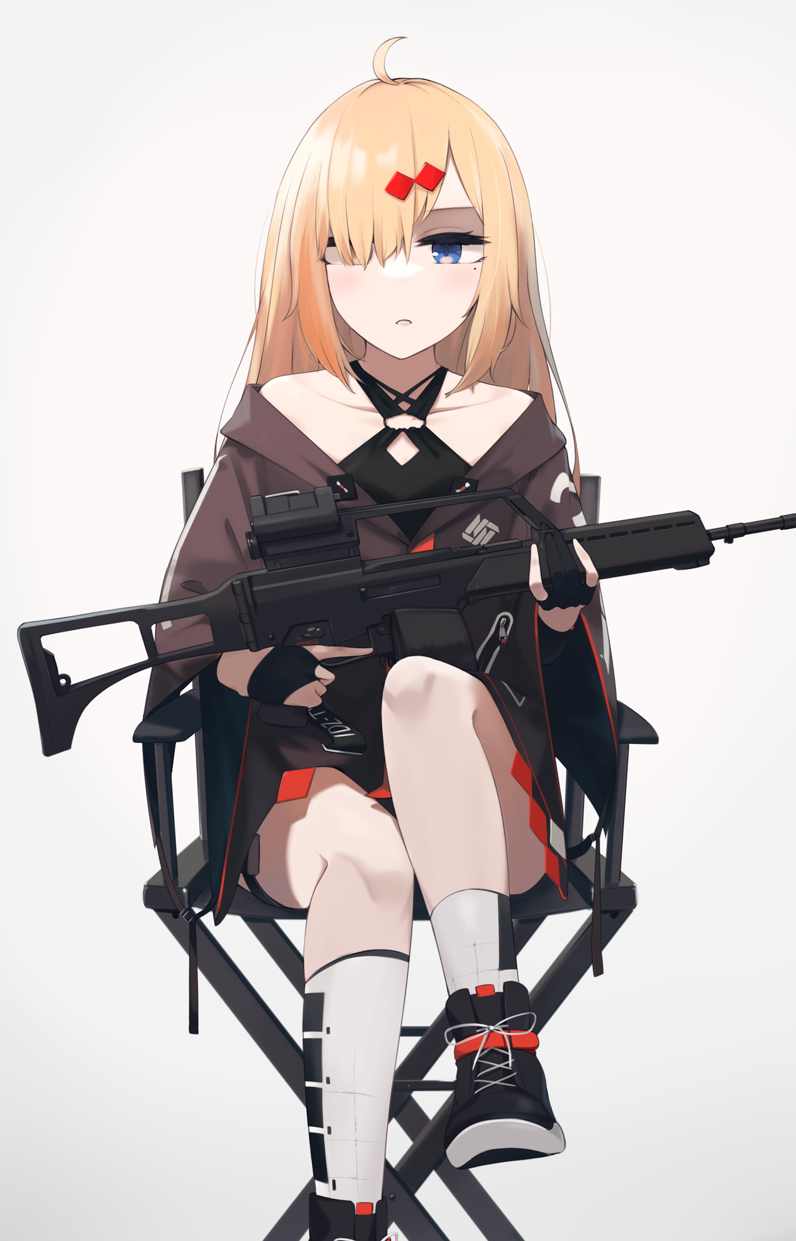 1girl absurdres bare_shoulders beta_c-mag black_gloves black_jacket black_shoes blonde_hair blue_eyes collarbone double-drum_magazine drum_magazine feet_out_of_frame girls&#039;_frontline gloves gun h&amp;k_mg36 hair_between_eyes hair_ornament hair_over_one_eye hairclip high-capacity_magazine highres hinami047 holding holding_gun holding_weapon jacket leg_up long_hair looking_at_viewer machine_gun magazine_(weapon) mg36_(girls&#039;_frontline) mole mole_under_eye partially_fingerless_gloves shoes sitting sneakers socks solo weapon white_background