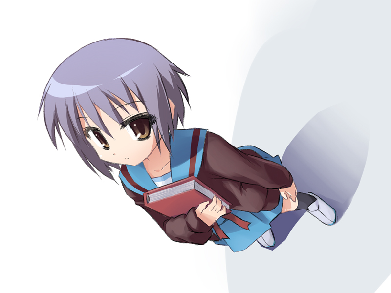 00s 1girl book brown_eyes cardigan female_focus mof nagato_yuki purple_hair redrantem school_uniform serafuku short_hair solo suzumiya_haruhi_no_yuuutsu tomoshibi_hidekazu
