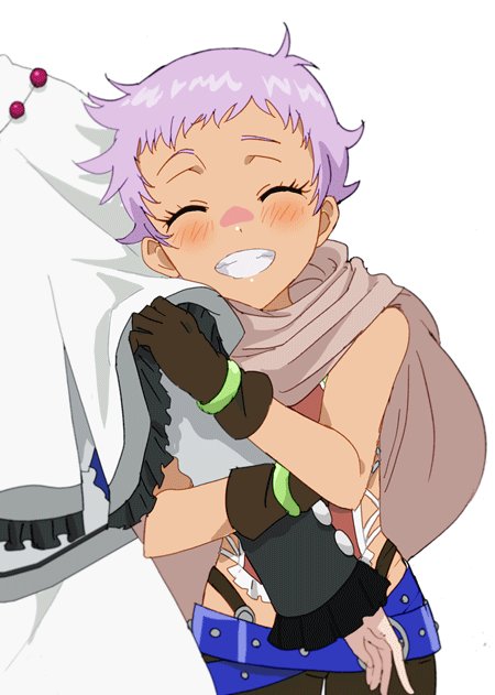 2girls ange_serena arm_hug belt bike_shorts blush bracelet brown_gloves closed_eyes dress fumiko_(mesushi) gloves hermana_larmo holding_another&#039;s_arm jewelry multiple_girls purple_hair short_hair simple_background smile tales_of_(series) tales_of_innocence very_short_hair white_background