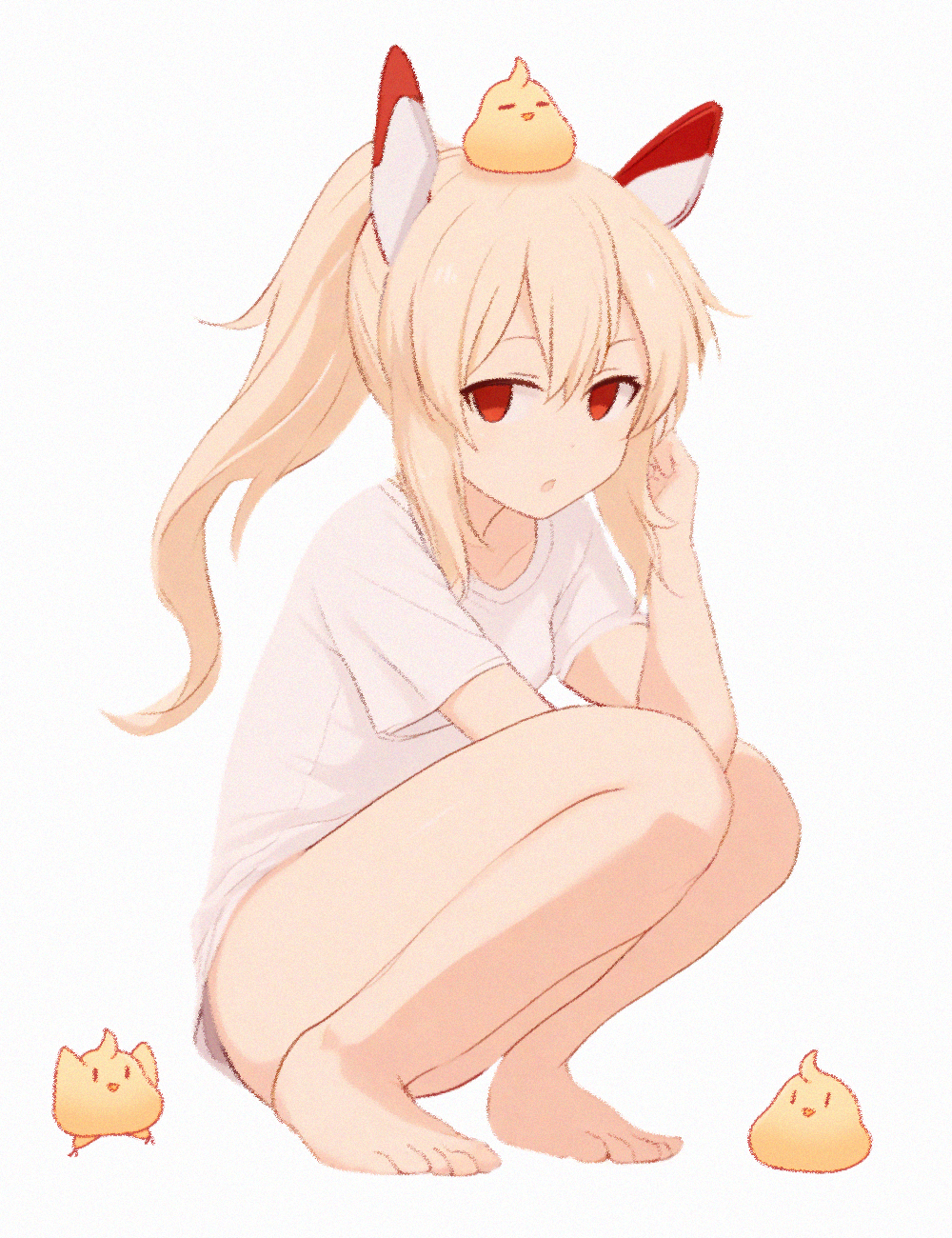 1girl :o ayanami_(azur_lane) azur_lane bare_legs barefoot blank_eyes blonde_hair bottomless breasts elbow_on_thigh expressionless full_body hair_between_eyes hand_up headgear highres insignificant_plankton knees_to_chest knees_up long_hair manjuu_(azur_lane) no_panties no_pants orange_eyes ponytail red_eyes shirt small_breasts solo squatting upshirt very_long_hair white_shirt
