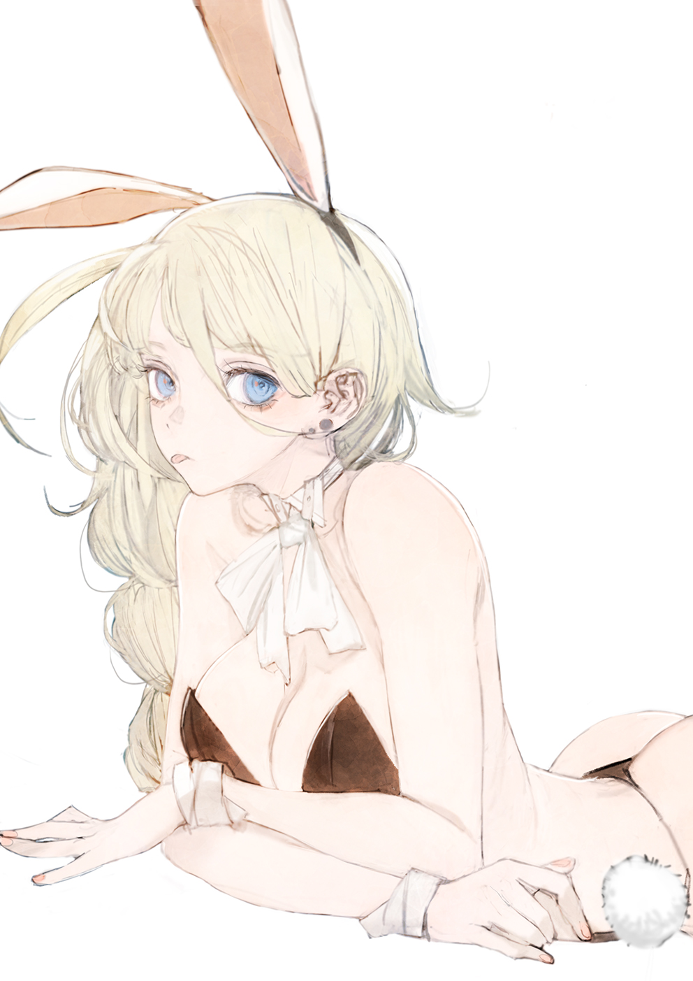 1girl animal_ears ass bikini black_bikini blonde_hair blue_eyes breasts cleavage fake_animal_ears hair_between_eyes highres large_breasts leotard looking_at_viewer lying medium_breasts on_stomach original out_of_frame playboy_bunny rabbit_ears rabbit_tail simple_background solo swimsuit tail toi8 tongue tongue_out upper_body white_background