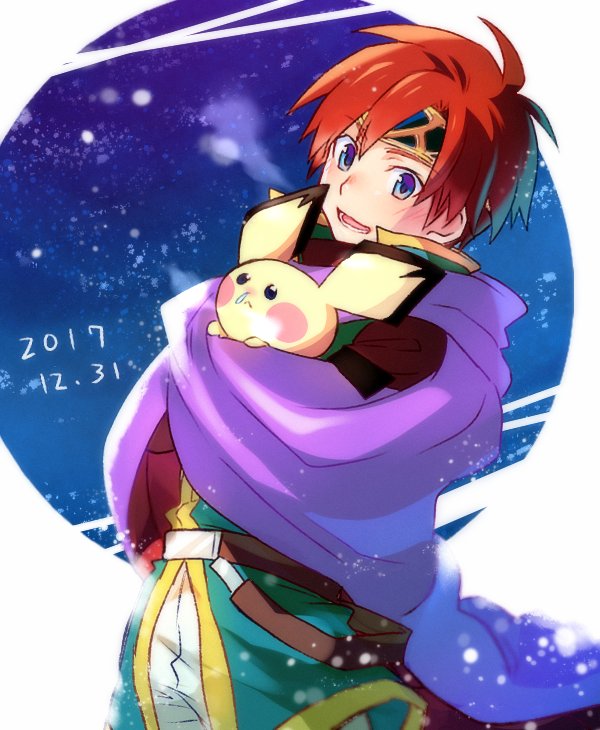 1boy 2017 blue_eyes fire_emblem fire_emblem:_the_binding_blade gen_2_pokemon gloves male_focus nintendo open_mouth pichu pokemon pokemon_(creature) pokemon_gsc red_hair roy_(fire_emblem) short_hair smile super_smash_bros. yuki_(sumaburalove)