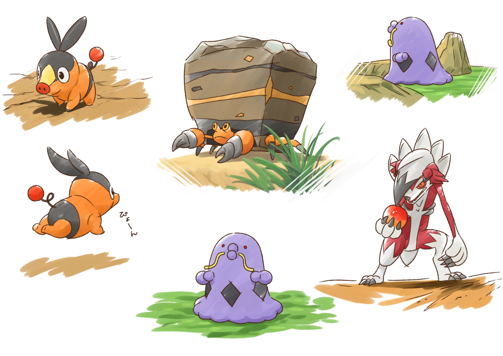 black_eyes claws closed_mouth commentary_request crustle food fruit game_freak gen_3_pokemon gen_5_pokemon gen_7_pokemon grass hiraisaki holding holding_food holding_fruit looking_down lycanroc lycanroc_(midnight) nintendo pokemon pokemon_(creature) pokemon_focus red_eyes rock smile standing swalot tepig