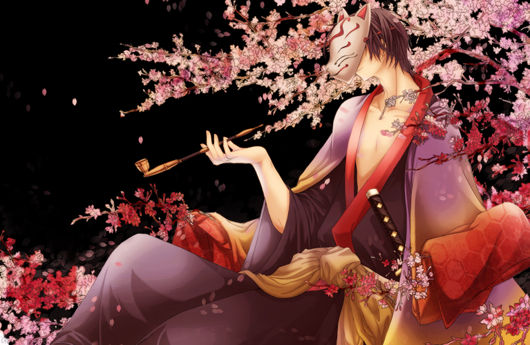 1boy cherry_blossoms fox_mask japanese_clothes kimono kiseru male_focus mask olmatown smoking_pipe solo yukata yukata_(yume_2kki) yume_2kki