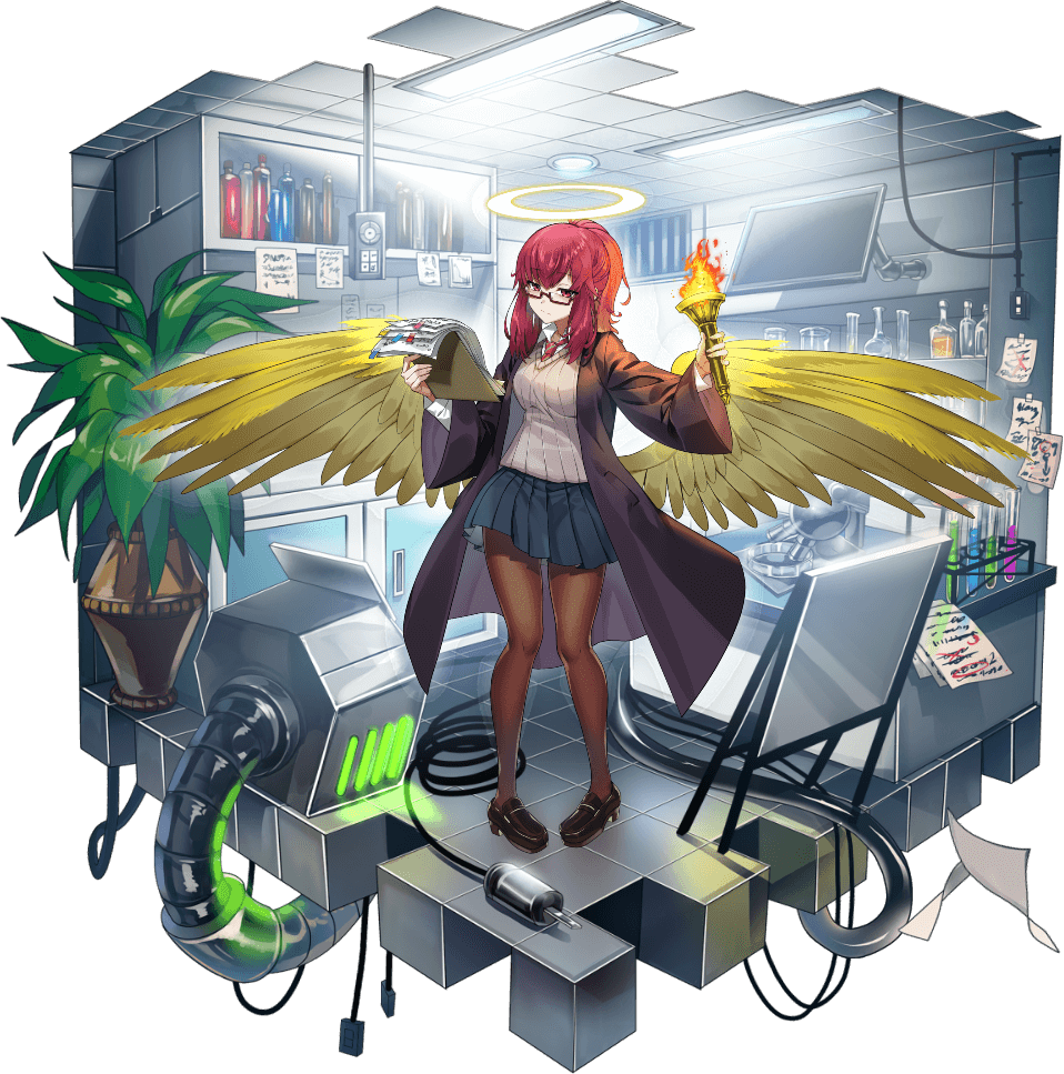 1girl aged_down angel angel_wings artist_request black_coat blue_skirt bottle breasts brown_pantyhose brown_shoes cabinet cable ceiling_light chinese_commentary clipboard closed_mouth coat collared_shirt commentary_request expressionless feathered_wings fire folding_sign full_body glowing grey_sweater_vest halo holding holding_clipboard holding_torch indoors isometric large_breasts light_switch long_hair long_sleeves looking_at_viewer machinery microscope mon-musu_quest! mon-musu_quest:_paradox monitor monster_musume_td necktie official_art open_clothes open_coat pantyhose paper plant pleated_skirt ponytail potted_plant promestein red-framed_eyewear red_eyes red_hair red_necktie science_fiction semi-rimless_eyewear shirt shoes sidelocks skirt solo standing sweater_vest table third-party_source tile_floor tiles torch transparent_background under-rim_eyewear vent_(object) vial white_shirt wings wire yellow_wings