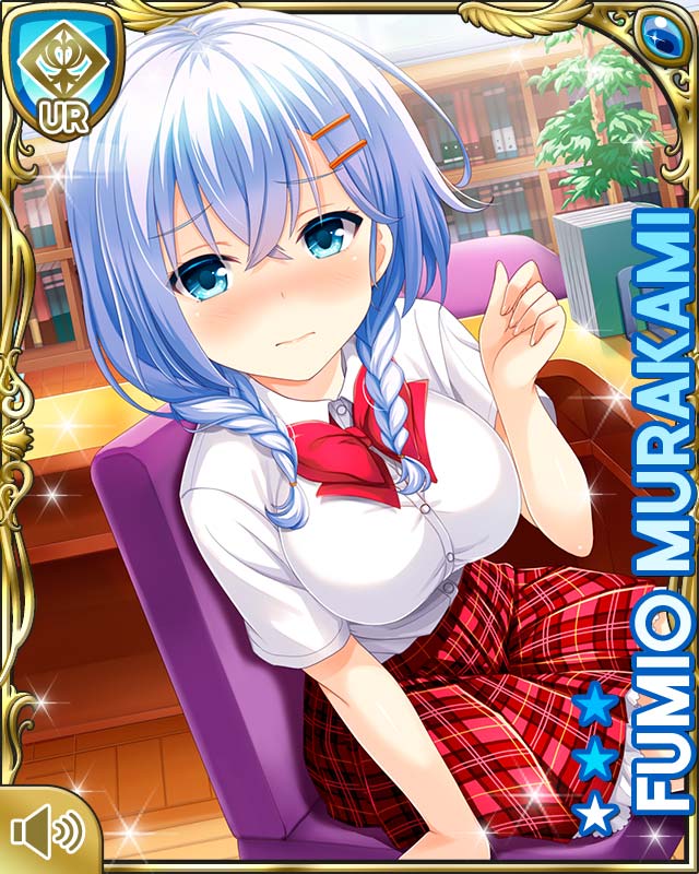 1girl aqua_eyes black_socks book bookcase braid card_(medium) chair closed_mouth day frilled_skirt frills front_braid girlfriend_(kari) hair_ornament hair_over_shoulder hairclip indoors kneehighs library long_hair looking_at_viewer murakami_fumio official_art plaid_clothes plaid_skirt pleated_skirt qp:flapper red_skirt shirt shoes short_sleeves sitting skirt socks solo table tired twin_braids white_shirt wooden_floor