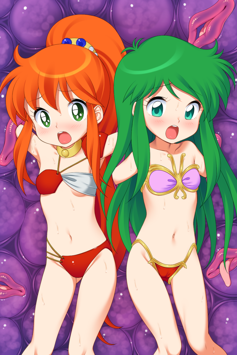2girls armor armpits arms_up ayanokouji_rem bare_shoulders bikini bikini_armor blush cameltoe caron_(rall) commission commissioner_upload cream_lemon crossover dream_hunter_rem fugetsu_taku gluteal_fold green_eyes green_hair highres long_hair monster multicolored_bikini multiple_girls navel open_mouth orange_hair pink_bikini ponytail red_bikini restrained sf_choujigen_densetsu_rall shoulder_armor side-tie_bikini_bottom skeb_commission stomach sweat swimsuit thighs trait_connection two-tone_bikini