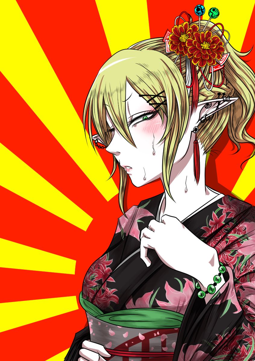 1girl alternate_costume bead_bracelet beads black_kimono blonde_hair blush bracelet breasts commentary_request earrings floral_print floral_print_kimono flower green_eyes grey_sash hair_between_eyes hair_flower hair_ornament hair_stick high_ponytail highres japanese_clothes jewelry kimono long_bangs looking_at_viewer medium_breasts mizuhashi_parsee obi parted_lips pointy_ears ponytail print_kimono red_background sash sei_no_ji short_hair solo spiked_ear_piercing sunburst sunburst_background tassel tassel_earrings touhou upper_body yellow_background