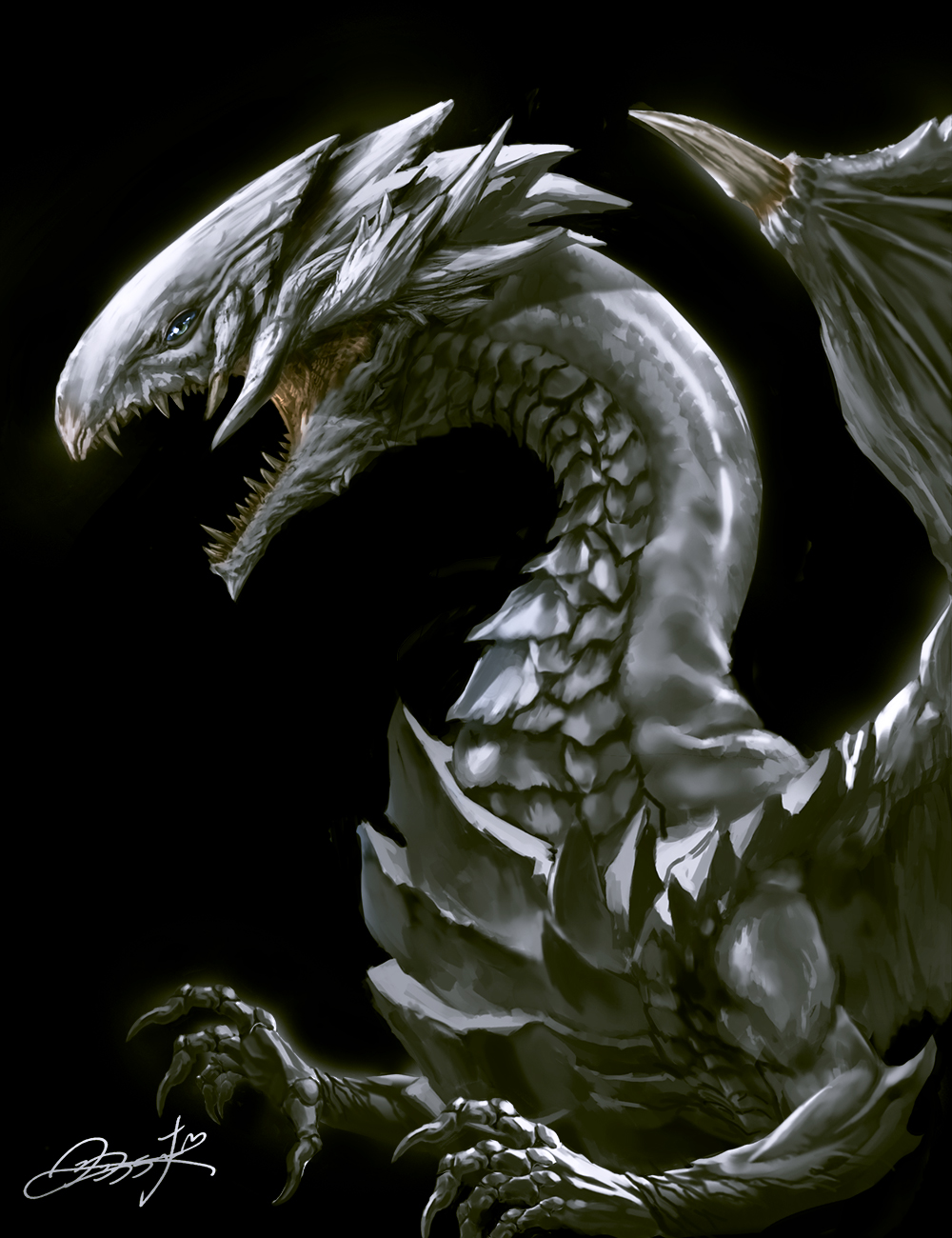 black_background blue-eyes_white_dragon blue_eyes claws dragon duel_monster from_side hanekura_bou highres no_humans open_mouth sharp_teeth signature solo teeth wings yu-gi-oh! yu-gi-oh!_duel_monsters