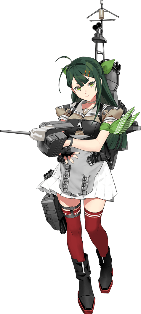 1girl adapted_turret ahoge antenna_hair apron black_boots black_gloves boots dress fingerless_gloves gloves green_eyes green_hair grey_apron grey_sailor_collar hair_ornament hair_ribbon hairclip kantai_collection looking_at_viewer machinery official_art open_mouth pleated_skirt red_thighhighs ribbon sailor_collar sailor_dress school_uniform serafuku short_sleeves skirt solo sugi_(kancolle) thighhighs torpedo torpedo_launcher transparent_background umihara_sakana zipper_pull_tab