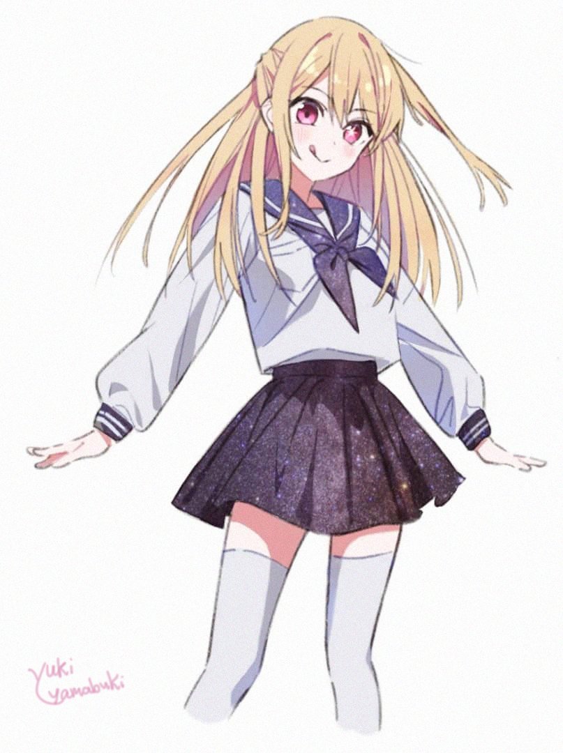 1girl artist_name black_neckerchief black_skirt blonde_hair blue_sailor_collar blush closed_mouth commentary cropped_legs half_updo hoshino_ruby licking_lips long_hair long_sleeves looking_at_viewer neckerchief one_side_up oshi_no_ko pink_eyes sailor_collar school_uniform serafuku shirt sidelocks simple_background skirt solo star-shaped_pupils star_(symbol) symbol-shaped_pupils thighhighs tongue tongue_out white_background white_shirt white_thighhighs yamabukiyuki zettai_ryouiki