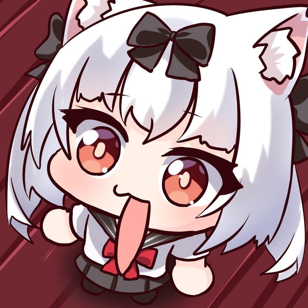 1girl animal_ear_fluff animal_ears azur_lane black_bow black_sailor_collar bow cat_ears chibi commentary_request from_above full_body glitchcampus grey_skirt hair_bow looking_at_viewer medium_hair open_mouth orange_eyes parody sailor_collar school_uniform serafuku shirt skirt solo style_parody white_hair white_shirt yukikaze_(azur_lane) zeroku77_(style)