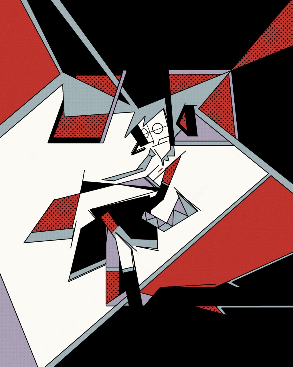 1girl abstract commentary english_commentary floating_hair hair_ornament halftone hatsune_miku highres limited_palette machigami_yoh miniskirt necktie skirt sleeves_past_fingers sleeves_past_wrists solo thighhighs vocaloid