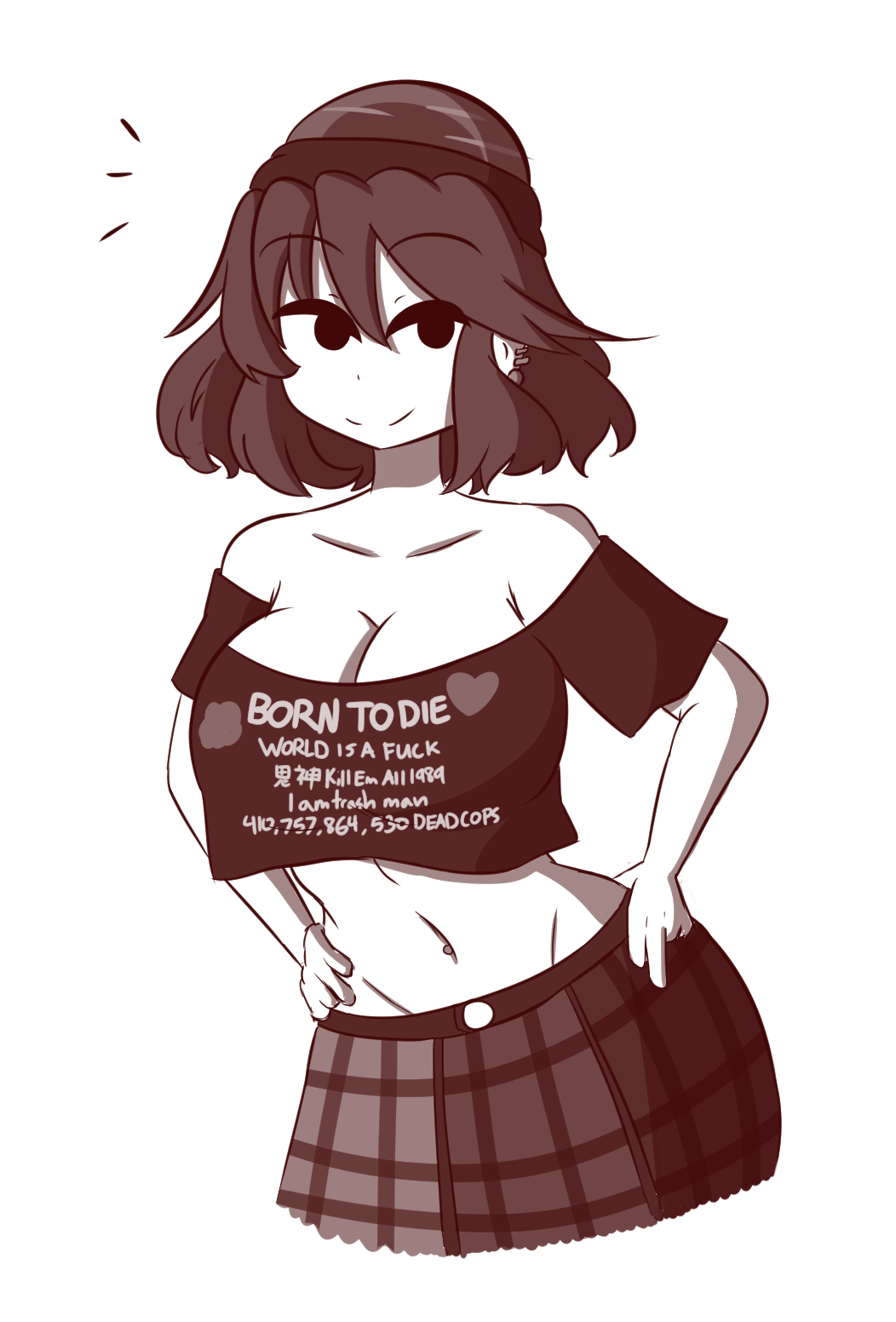 1girl bad_id bad_tumblr_id bare_shoulders born_to_die_world_is_a_fuck_(meme) breasts cleavage clothes_writing crop_top crop_top_overhang ear_piercing female_focus groin hat hecatia_lapislazuli highres kuruma94 large_breasts looking_at_viewer meme meme_attire midriff miniskirt monochrome navel navel_piercing off_shoulder piercing shirt short_hair simple_background skirt solo touhou white_background