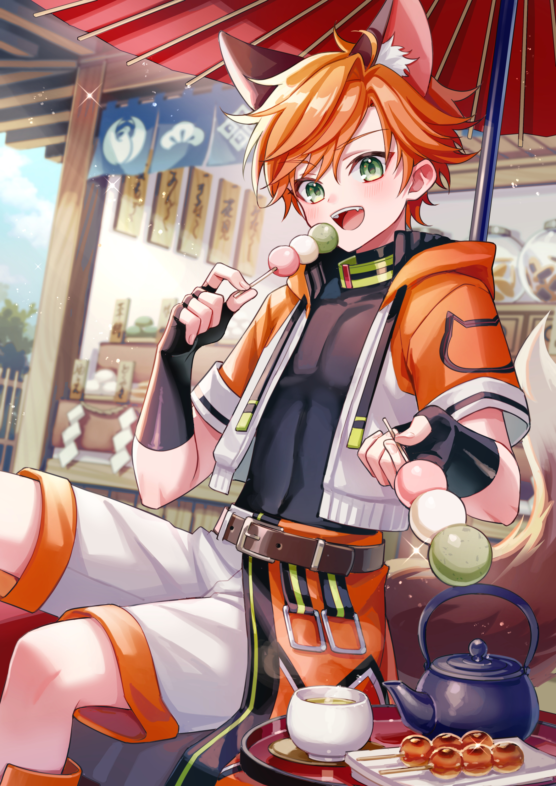 1boy absurdres animal_ear_fluff animal_ears belt black_gloves black_shirt brown_belt commission cup dango eating fingerless_gloves food fox_boy fox_ears fox_tail gloves green_eyes highres holding holding_food jacket looking_at_viewer male_focus mitarashi_dango open_clothes open_jacket open_mouth orange_hair original sanshoku_dango shirt short-sleeved_jacket short_hair short_sleeves shorts sitting skeb_commission smile suzaku_(zaku6584) tail tea teapot tray wagashi white_shorts