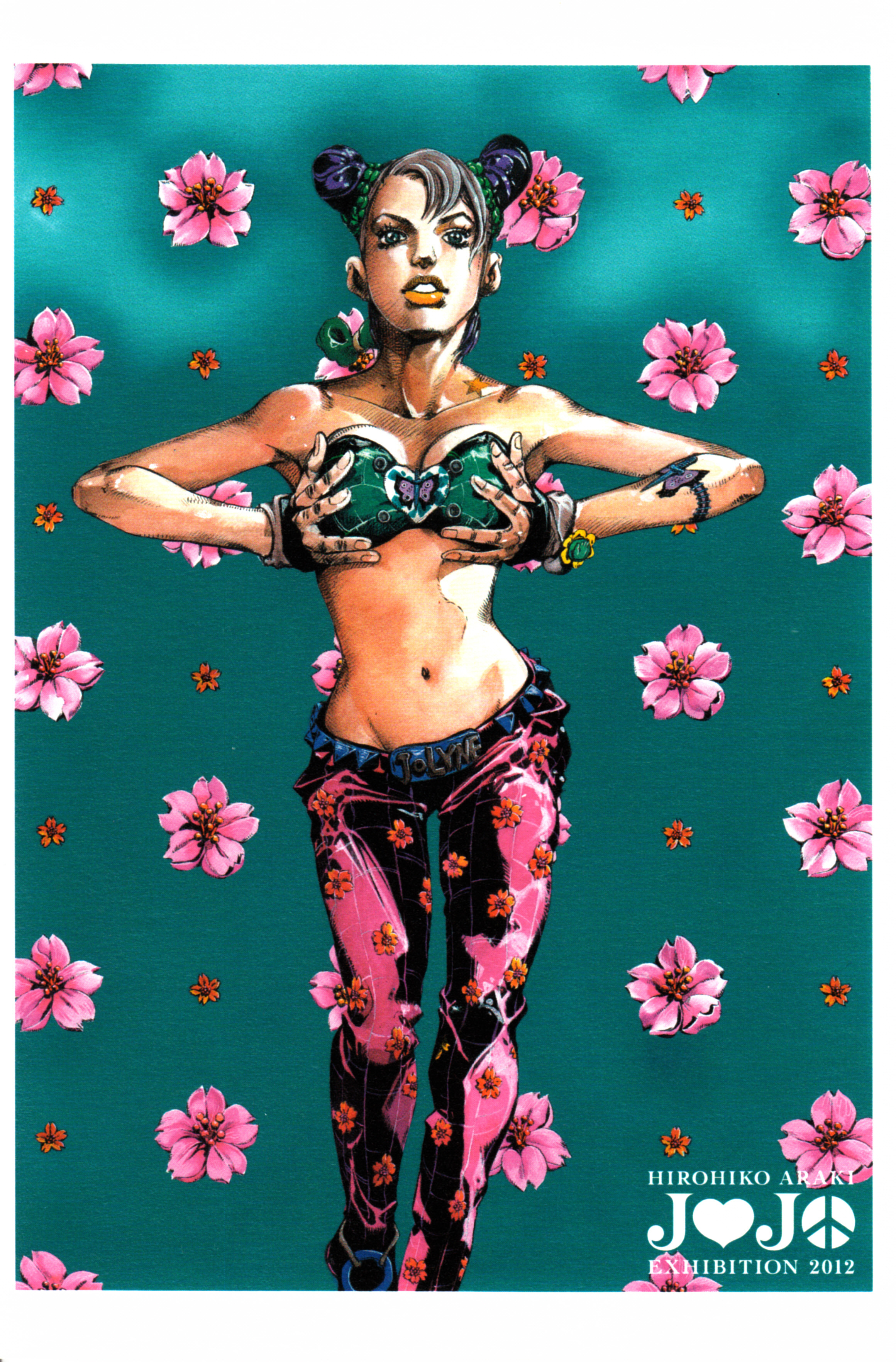 1girl 2012 absurdres araki_hirohiko artist_name bare_legs braid breasts dated double_bun flower grabbing_own_breast green_background hair_bun hands_on_own_chest highres jojo_no_kimyou_na_bouken kuujou_jolyne looking_at_viewer official_art pants parted_lips signature simple_background smile source_request stone_ocean traditional_media