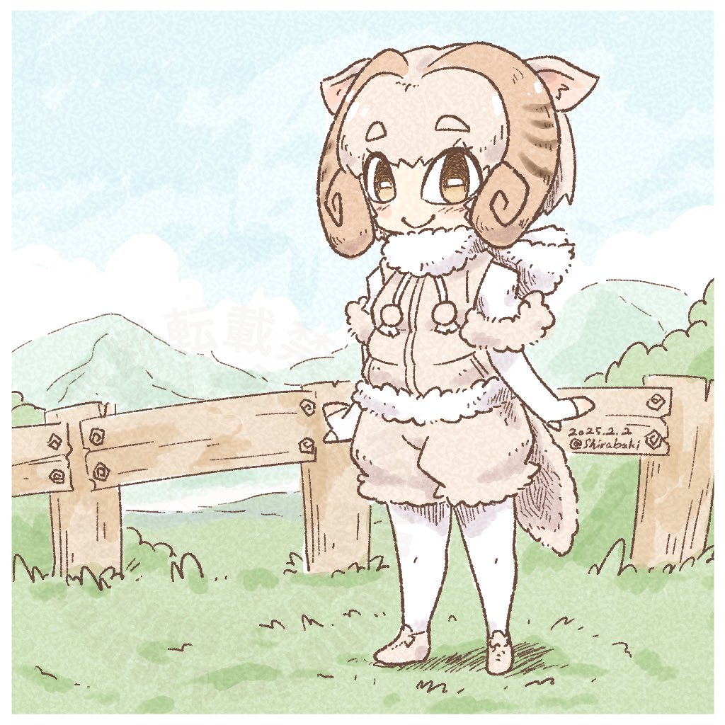 1girl animal_ears blush brown_fur brown_hair brown_shorts brown_vest elbow_gloves fingerless_gloves full_body fur_collar fur_shorts fur_trim gloves horns kemono_friends looking_at_viewer pantyhose sheep_(kemono_friends) sheep_ears sheep_girl sheep_horns sheep_tail shirabaki shirt short_hair shorts sidelocks smile solo tail vest white_fur white_gloves white_pantyhose white_shirt yellow_eyes