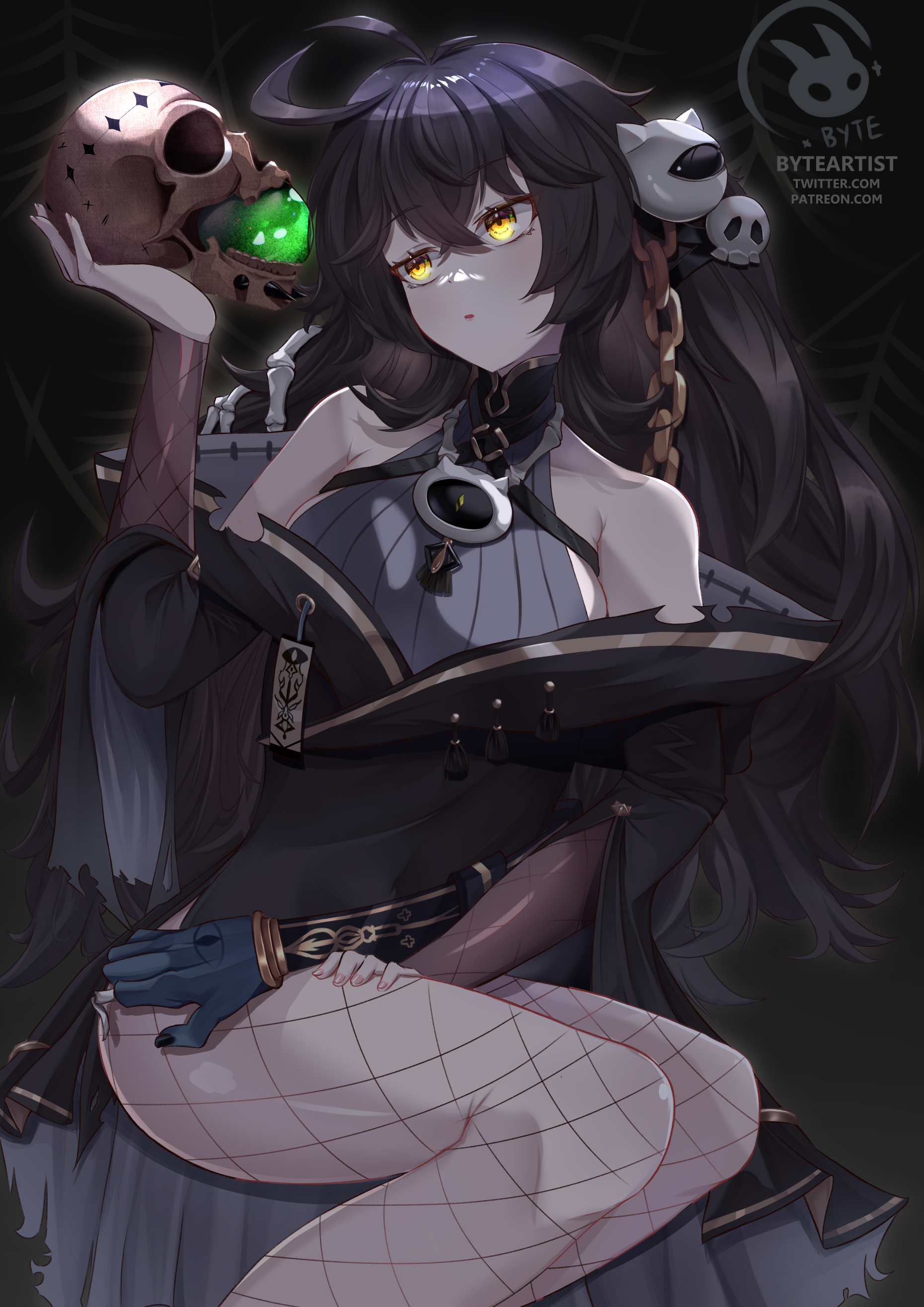 1girl :o absurdres ahoge bare_shoulders black_hair breasts byte-artist cape chain fishnet_pantyhose fishnet_sleeves fishnet_thighhighs fishnets gold_chain grimmi_(vtuber) hair_ornament hand_on_own_thigh hand_ornament highres holding holding_skull indie_virtual_youtuber jewelry leotard long_hair mandarin_collar messy_hair necromancer off_shoulder orb pale_skin pantyhose pendant ringed_eyes robe shiny_eyes sitting skeletal_hand skull skull_hair_ornament talisman thighhighs thighs thinking torn_cape torn_clothes very_long_hair virtual_youtuber witch yellow_eyes