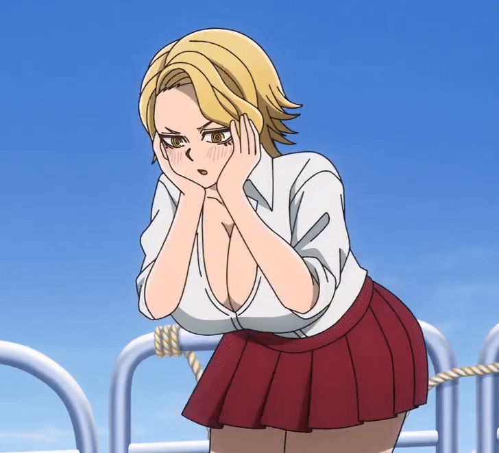 1girl 2025 20s animated animated_gif ass_shake blonde_hair blue_sky blush boat breasts brown_eyes cloud eyeshadow hands_on_cheek huge_breasts large_breasts makeup partially_open_shirt red_skirt sazanami_kuina school_uniform shirt short_hair skirt sky solo tagme thighs tougen_anki watercraft white_shirt yellow_eyes