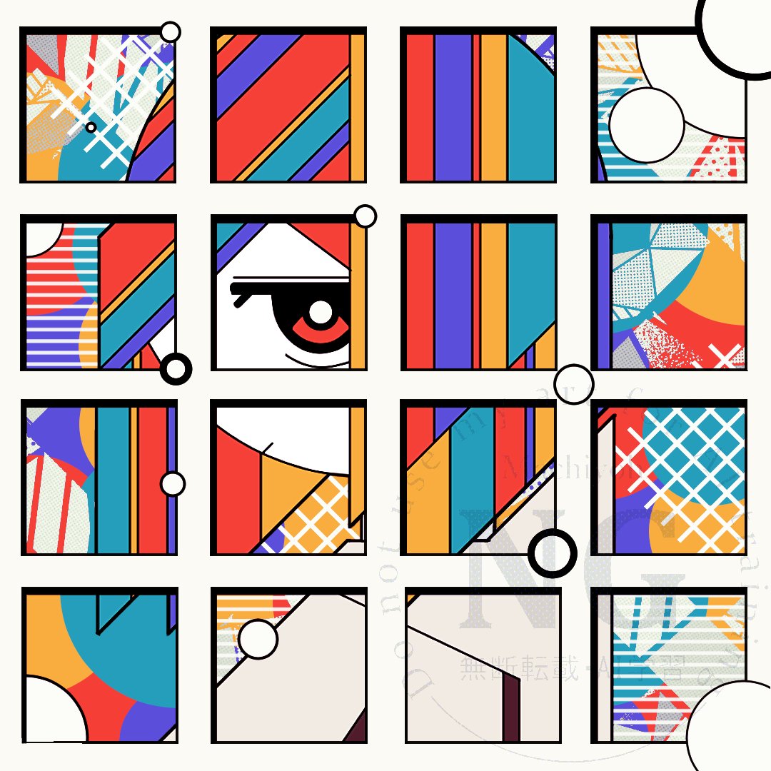 1girl abstract_background closed_mouth colorful commentary english_commentary looking_at_viewer machigami_yoh medium_hair multicolored_background multicolored_hair original red_eyes solo tagme upper_body watermark