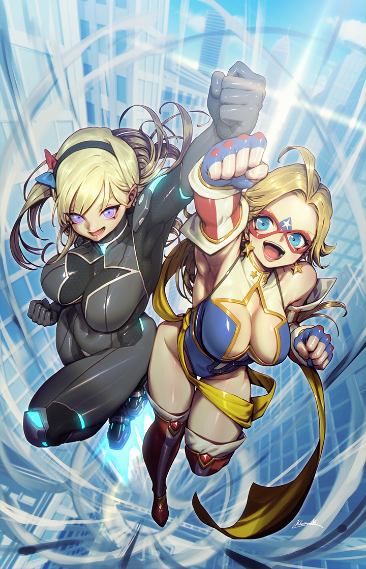 2girls american_flag american_flag_print black_bodysuit blonde_hair blue_eyes bodysuit boots breasts cleavage clothing_cutout commentary_request earrings elbow_gloves eye_mask fingerless_gloves flag_print gloves gold_bow hairband jewelry kamen_america kamen_america_(comic) kamen_victory kionaoki large_breasts long_hair multiple_girls open_mouth skin_tight star_(symbol) star_cutout star_earrings superhero_costume