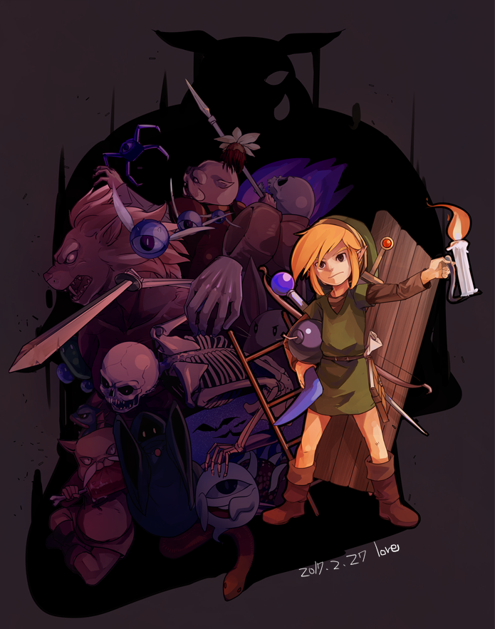 1boy belt black_eyes blonde_hair blue_bubble_(zelda) bomb book boomerang bow_(weapon) brown_belt brown_footwear brown_shirt bubble_(zelda) candle dated explosive expressionless fire full_body ganon gel_(zelda) ghini ghost goriya_(zelda) green_headwear green_tunic grey_background holding holding_candle holding_weapon keese ladder leever like_like link lore lynel male_focus map moblin nintendo outstretched_arm patra_(zelda) peahat pointy_ears polearm pols_voice raft river_zora rope_(zelda) shirt signature silhouette snake spear stalfos sword sword_on_back tektite the_legend_of_zelda the_legend_of_zelda_(nes) throwing tunic wallmaster wand weapon weapon_on_back wizzrobe zol_(zelda) zora