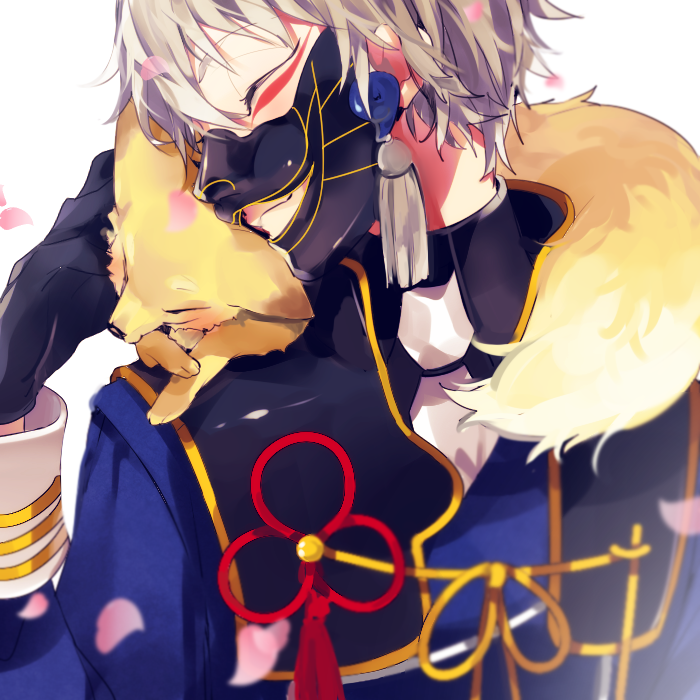 10s 1boy animal animal_on_shoulder armor black_gloves closed_eyes earrings fox gloves japanese_armor jewelry long_sleeves magatama magatama_earrings masyu_yuyu menpoo nakigitsune nakigitsune&#039;s_fox necktie petals smile touken_ranbu upper_body white_hair