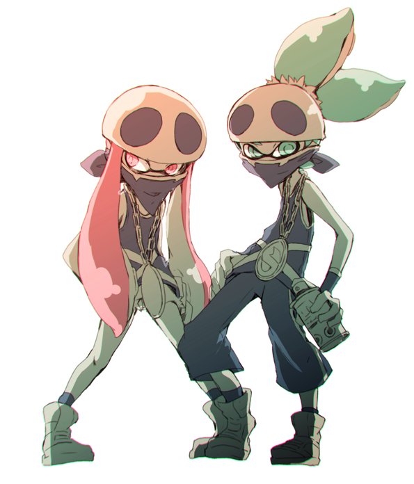 1boy 1girl bandana bandana_over_mouth commentary_request cosplay green_eyes inkling inkling_boy inkling_girl inkling_player_character itoda jewelry long_hair mask necklace nintendo pink_eyes pink_hair pokemon pokemon_sm ponytail short_shorts shorts splatoon_(series) splatoon_1 spray_paint team_skull team_skull_(cosplay) team_skull_grunt team_skull_grunt_(cosplay) tentacle_hair
