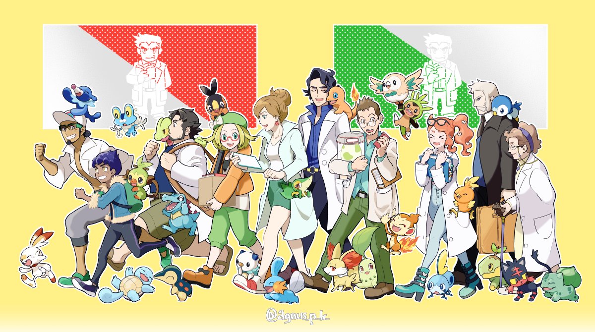 >_< 4girls 6+boys agnus_p_k professor_sycamore professor_juniper backpack bag bianca_(pokemon) professor_birch blonde_hair blue_jacket blue_shirt bow bulbasaur cane charmander chespin chikorita chimchar dark-skinned_male dark_skin egg professor_elm eyewear_on_head facial_hair fennekin fire flame-tipped_tail froakie fur_trim gen_1_pokemon gen_2_pokemon gen_3_pokemon gen_4_pokemon gen_5_pokemon gen_6_pokemon gen_7_pokemon gen_8_pokemon glasses green_hair green_headwear green_pants green_skirt grey_hair grookey hair_bow hair_ornament heart heart_hair_ornament hop_(pokemon) jacket professor_kukui lab_coat litleo professor_magnolia mudkip multiple_boys multiple_girls mustache nintendo on_head on_shoulder orange_hair oshawott pants pencil_skirt piplup pokemon pokemon_(creature) pokemon_bw pokemon_bw2 pokemon_dppt pokemon_egg pokemon_hgss pokemon_in_clothes pokemon_on_head pokemon_on_shoulder pokemon_rgby pokemon_rse pokemon_sm pokemon_swsh pokemon_xy popped_collar popplio red-framed_eyewear professor_rowan rowlet professor_oak scorbunny semi-rimless_eyewear shirt skirt snivy sobble sonia_(pokemon) squirtle starter_pokemon_trio tail tepig torchic totodile treecko turtwig twitter_username under-rim_eyewear yellow_background