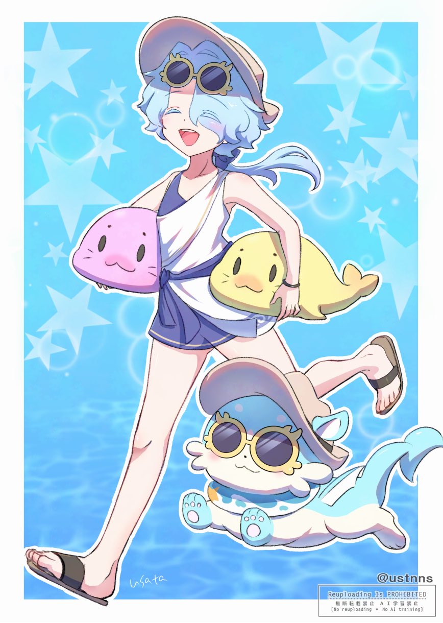1boy alternate_costume ancient_greek_clothes blue_hair closed_eyes eyewear_on_head full_body greco-roman_clothes hat highres holding honkai:_star_rail honkai_(series) long_hair misha_(honkai:_star_rail) open_mouth ponytail sandals short_hair short_shorts shorts solo stuffed_animal stuffed_toy sunglasses swimsuit teeth thighs upper_teeth_only usata