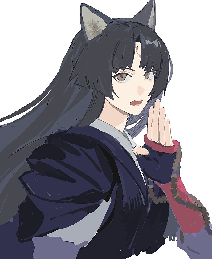 1girl animal_ear_fluff animal_ears arknights black_gloves black_hair cropped_torso dog_ears facial_mark fingerless_gloves forehead_mark gloves hand_up japanese_clothes kimono long_hair looking_at_viewer nininikal open_mouth parted_bangs purple_kimono saga_(arknights) simple_background solo upper_body white_background