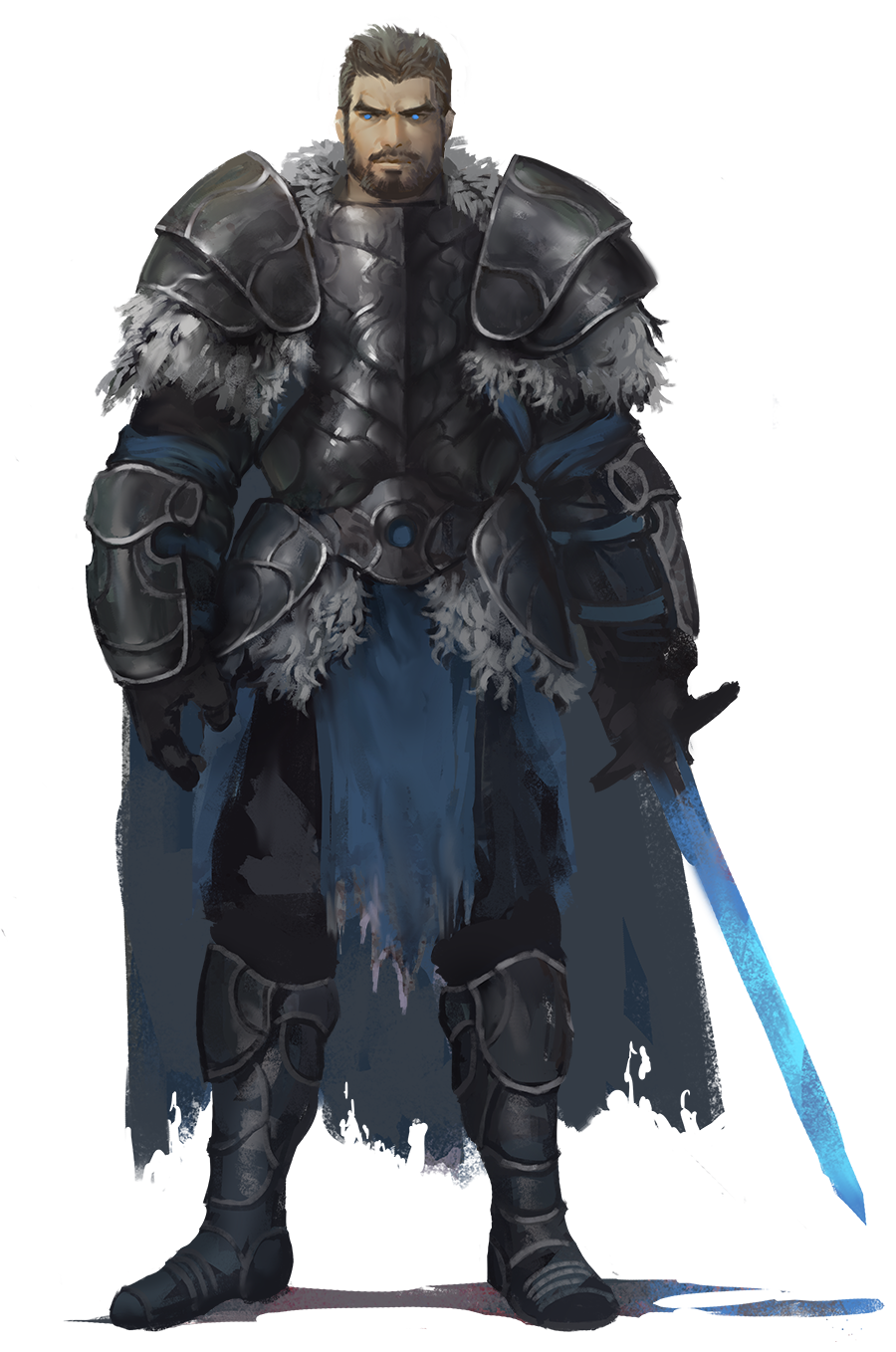 1boy armor armored_boots beard blue_eyes boots cape closed_mouth codpiece cuirass dopey_(dopq) facial_hair faulds fur_trim greaves highres holding holding_sword holding_weapon knight male_focus mature_male original short_hair shoulder_armor standing sword weapon