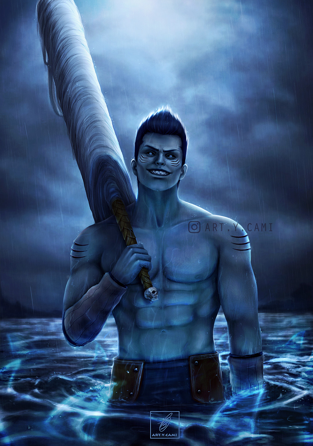 1boy abs artcami artist_name blue_eyes blue_hair blue_skin clenched_teeth cloud cloudy_sky colored_skin commentary gills highres holding holding_sword holding_weapon hoshigaki_kisame instagram_logo instagram_username male_focus naruto naruto_(series) night ninja ocean on_water outdoors realistic samehada_(naruto) sharp_teeth short_hair signature sky smile solo sword teeth topless_male water weapon