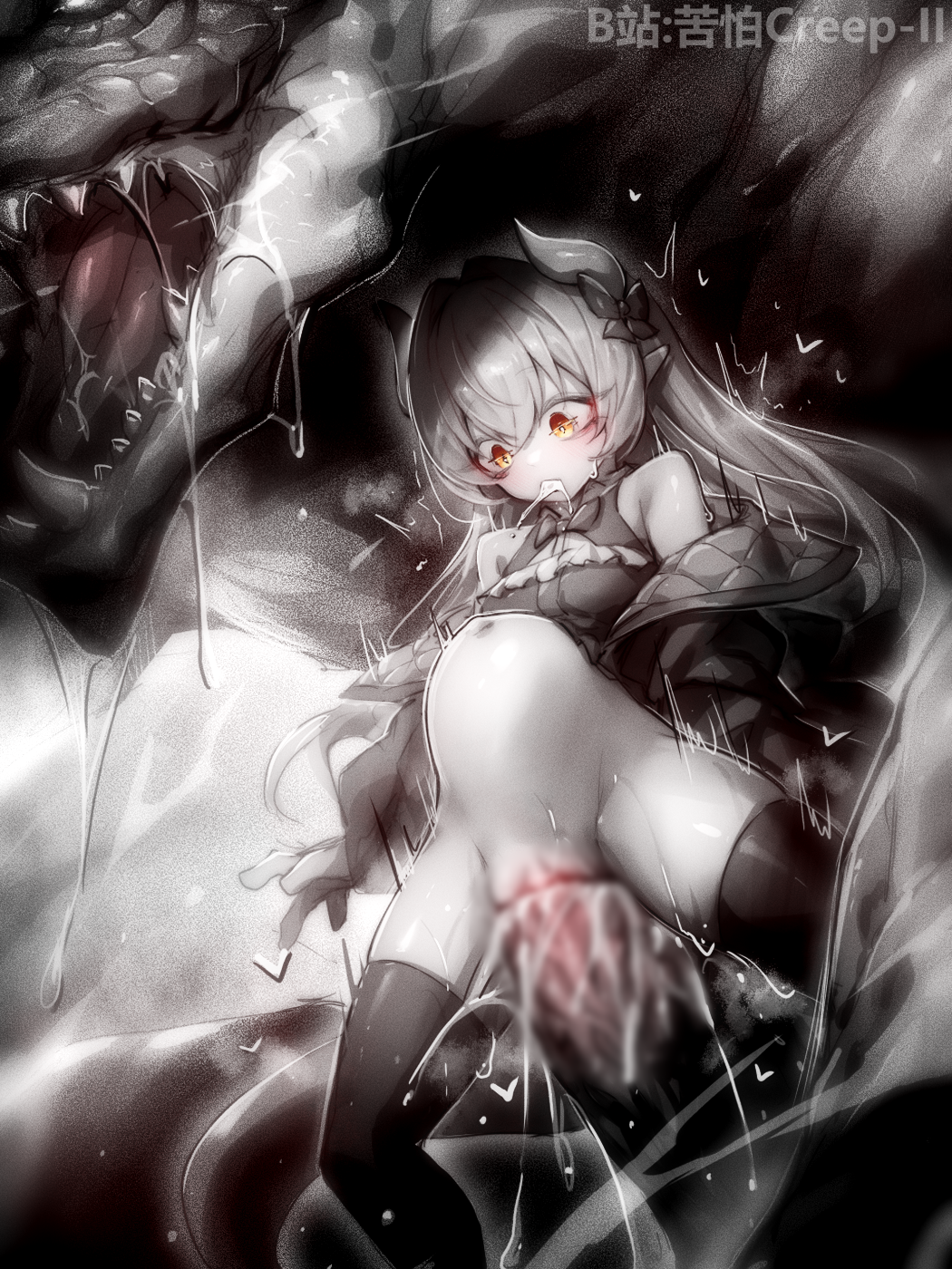 1girl all_the_way_through bare_shoulders bestiality bilibili_username blur_censor bow breasts censored chinese_commentary clothes_lift commentary_request commission cum cum_in_pussy cum_overflow cum_through dashed_eyes dragon dress dress_lift drooling feet_out_of_frame greyscale hair_bow highres horns indie_virtual_youtuber jacket kupa_(jesterwii) large_insertion long_hair long_sleeves monochrome motion_lines navel no_panties paid_reward_available penis pointy_ears pussy reverse_suspended_congress saliva sex sex_from_behind size_difference skindentation small_breasts spot_color stomach_bulge sweat thick_thighs thighhighs thighs vaginal virtual_youtuber wide-eyed yellow_eyes