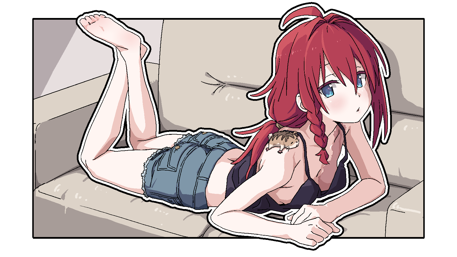 1girl ahoge animal animal_on_shoulder barefoot black_camisole blue_eyes braid burn_scar camisole chipmunk couch crossed_ankles denim denim_shorts elbow_rest feet feet_up highres kazuuchi_ataru legs looking_at_viewer low_ponytail lying on_couch on_shoulder on_stomach out_of_frame outside_border ponytail red_hair scar scar_on_breasts scar_on_chest shinsougumi shorts single_braid soles solo spaghetti_strap squirrel tamaya the_pose toes virtual_youtuber