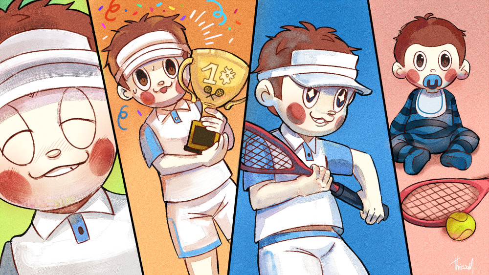 +_+ 1boy ^_^ baby ball bib black_bodysuit black_eyes blue_bodysuit blue_sleeves blush_stickers bodysuit brown_hair buttons closed_eyes collared_shirt confetti danganronpa_(series) danganronpa_v3:_killing_harmony empty_eyes grin half-closed_eye happy hat holding holding_tennis_racket holding_trophy hoshi_ryoma loiodg male_focus midriff_peek multicolored_background multiple_views nervous nervous_smile nervous_sweating onesie pacifier parody shaded_face shirt short_hair short_sleeves shorts signature simple_background sitting smile sparkling_eyes striped_bodysuit sweat tennis_ball trophy two-tone_bodysuit visor_cap white_hat white_shirt white_shorts
