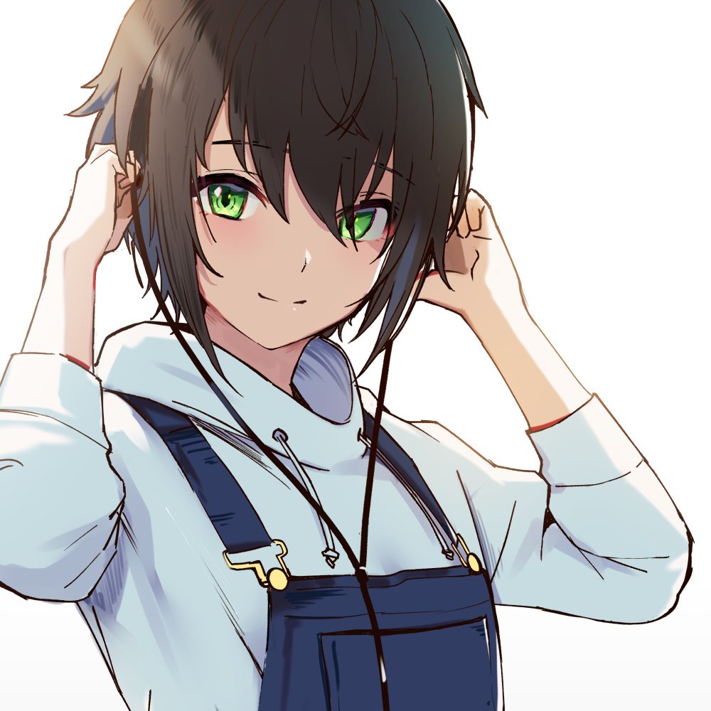 1girl blue_overalls brown_hair earphones enogu green_eyes grey_hoodie hair_between_eyes hands_up hood hoodie iwamotochou_geinousha kagawa_ichigo looking_at_viewer original overalls short_hair simple_background smile solo upper_body virtual_youtuber white_background