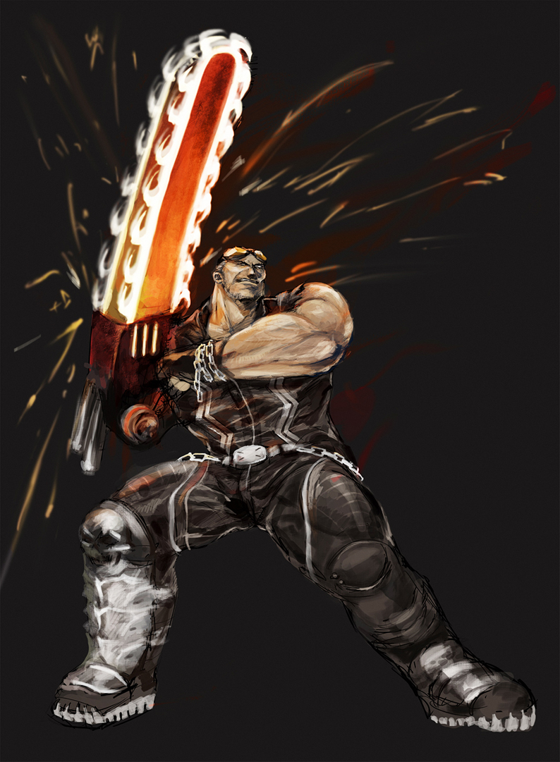 1boy belt belt_buckle black_background boots chain chainsaw fingerless_gloves gloves goggles jack_cayman madworld male_focus max_anarchy sega solo sparks