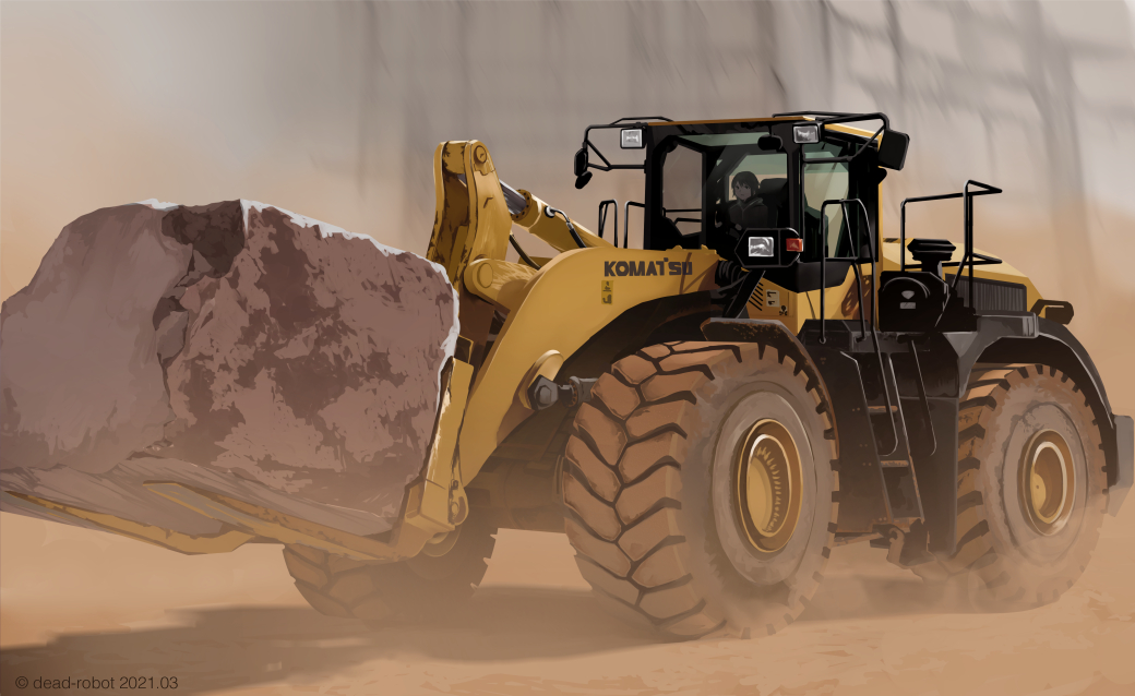 1girl artist_name black_hair bulldozer construction dated dead-robot driving dust komatsu_wa500-8 ladder looking_at_viewer machinery mixed-language_commentary motor_vehicle original outdoors sand scenery short_hair solo stone vehicle_focus watermark wide_shot