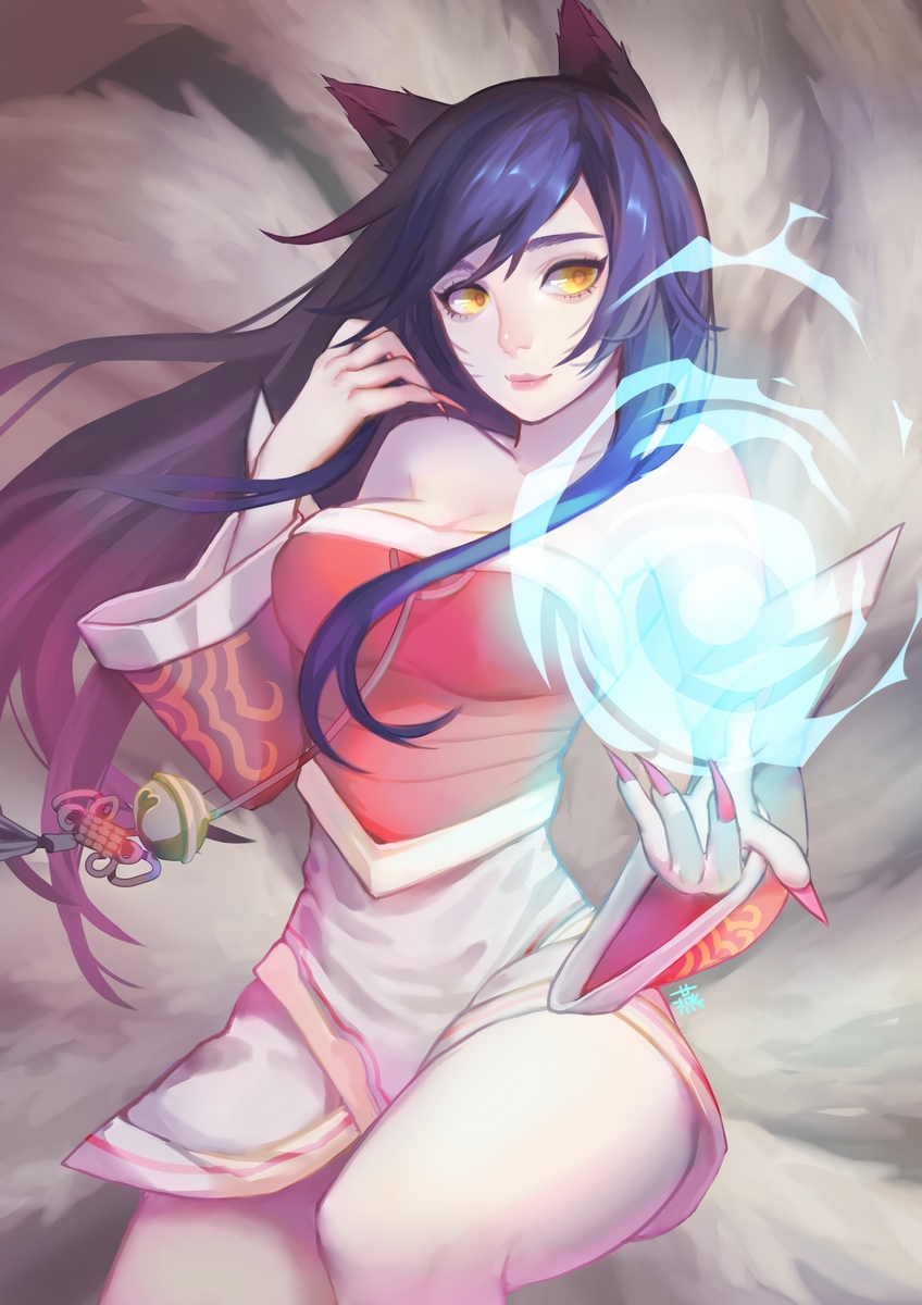 1girl ahri_(league_of_legends) animal_ears bare_shoulders black_hair breasts cleavage collarbone cowboy_shot detached_sleeves energy_ball facial_mark female_focus fingernails fox_ears fox_tail hair_ornament highres korean_clothes league_of_legends light_smile long_fingernails long_hair multiple_tails nail_polish outstretched_hand saphirya sharp_fingernails solo tail very_long_hair yellow_eyes