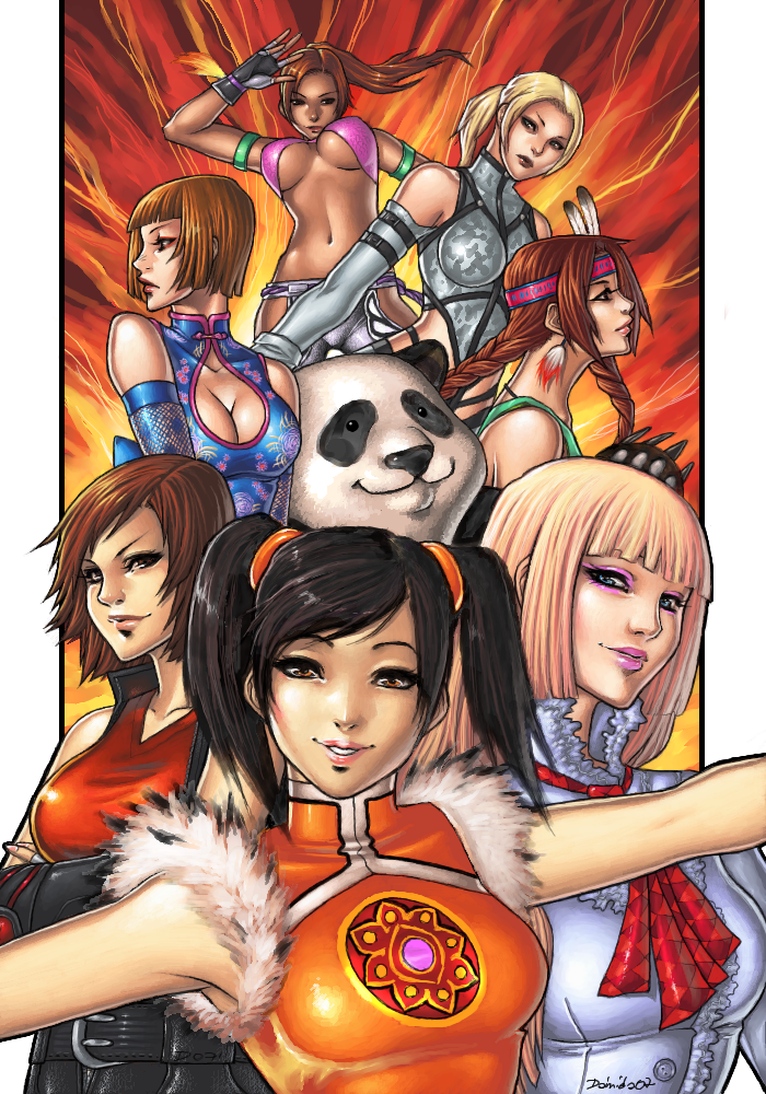 6+girls alternate_color anna_williams black_hair blonde_hair blunt_bangs bob_cut braid breasts brown_hair china_dress chinese_clothes christie_monteiro cleavage cleavage_cutout clothing_cutout criss-cross_halter crossed_arms dark-skinned_female dark_skin dress elbow_gloves emilie_de_rochefort eyeliner gloves group_picture halterneck headband julia_chang kasia_nie kate-n-bd kazama_asuka large_breasts leotard ling_xiaoyu lips lipstick long_hair makeup multiple_girls namco navel nina_williams orange_shirt panda panda_(tekken) ponytail salute shirt short_hair short_twintails sports_bra tekken tekken_5 twin_braids twintails underboob very_dark_skin
