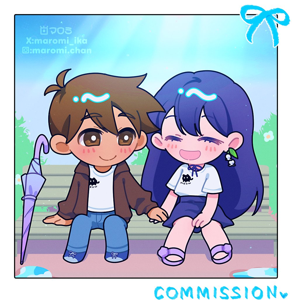 1boy 1girl :d ^_^ animal_print antenna_hair arm_support bench blue_pants blue_ribbon blue_shoes blue_sky border bright_pupils brown_eyes brown_hair brown_jacket bush cat_print chibi chibi_only closed_eyes closed_mouth closed_umbrella commentary commission couple dark-skinned_male dark_skin day denim double-parted_bangs earrings english_commentary facing_another fewer_digits film_grain flower flower_earrings full_body hair_behind_ear hair_between_eyes hero_(faraway)_(omori) hero_(omori) hetero holding_hands hood hood_down hooded_jacket instagram_logo instagram_username jacket jeans jewelry light_particles long_hair long_sleeves looking_at_another mari_(faraway)_(omori) mari_(omori) maromichan medium_skirt mewo neck_ribbon omori on_bench open_clothes open_jacket open_mouth outdoors pants park_bench puddle puffy_long_sleeves puffy_sleeves purple_eyes purple_ribbon purple_sandals purple_skirt purple_umbrella ribbon sandals shirt shoelaces shoes short_hair short_sleeves sitting skirt sky smile sunlight twitter_username umbrella very_long_hair very_short_hair white_border white_flower white_pupils white_shirt wooden_bench